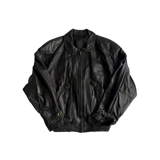 👨‍✈️ Geacă vintage din piele neagră tip bomber / Cropped Fit cu curele – Made in Italy (L bărbați) - anbracaminte