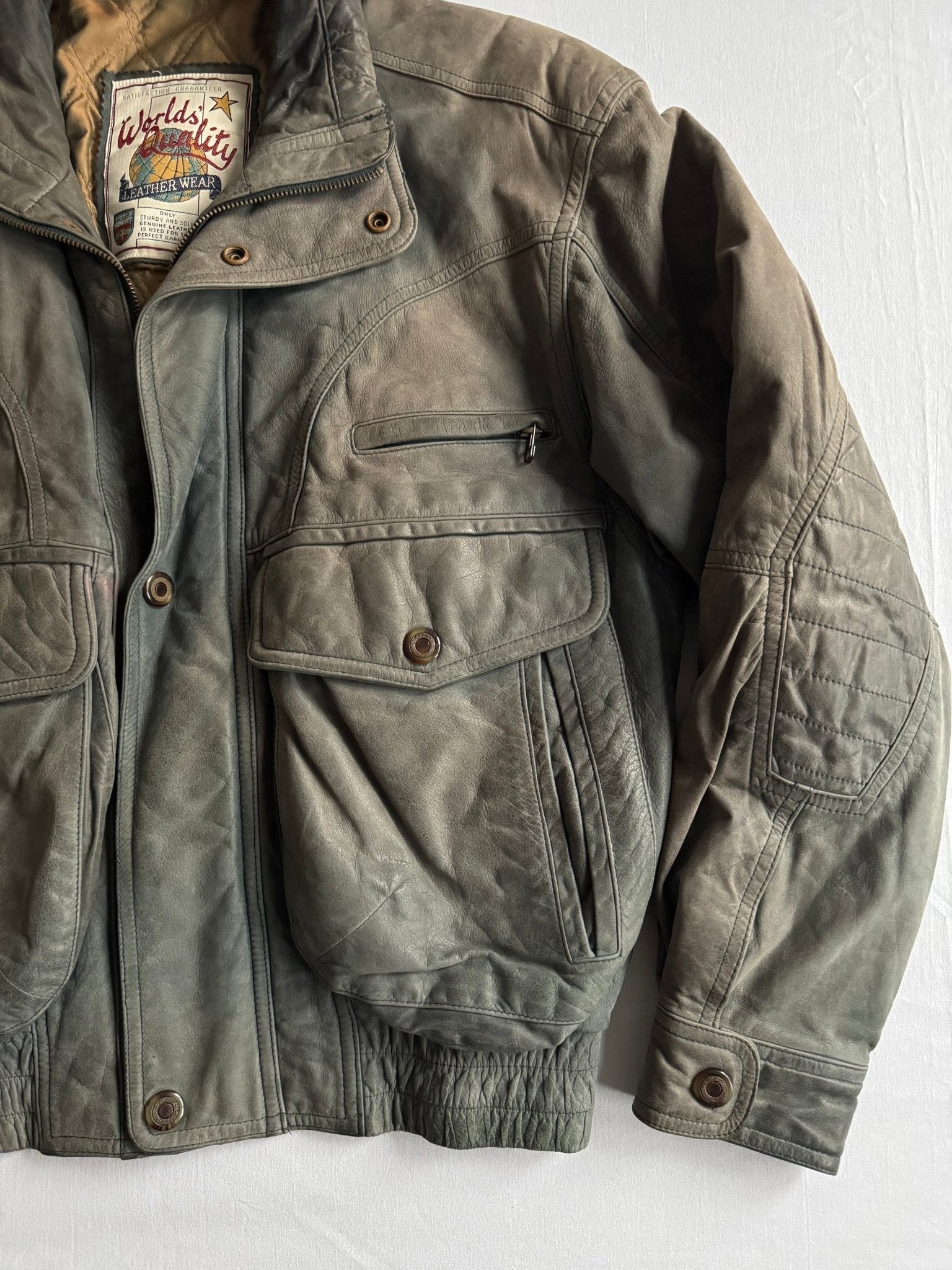 🧥 Geacă vintage din piele nubuk verde - gri, sun - faded | mărimea 46 (M bărbați) - anbracaminte