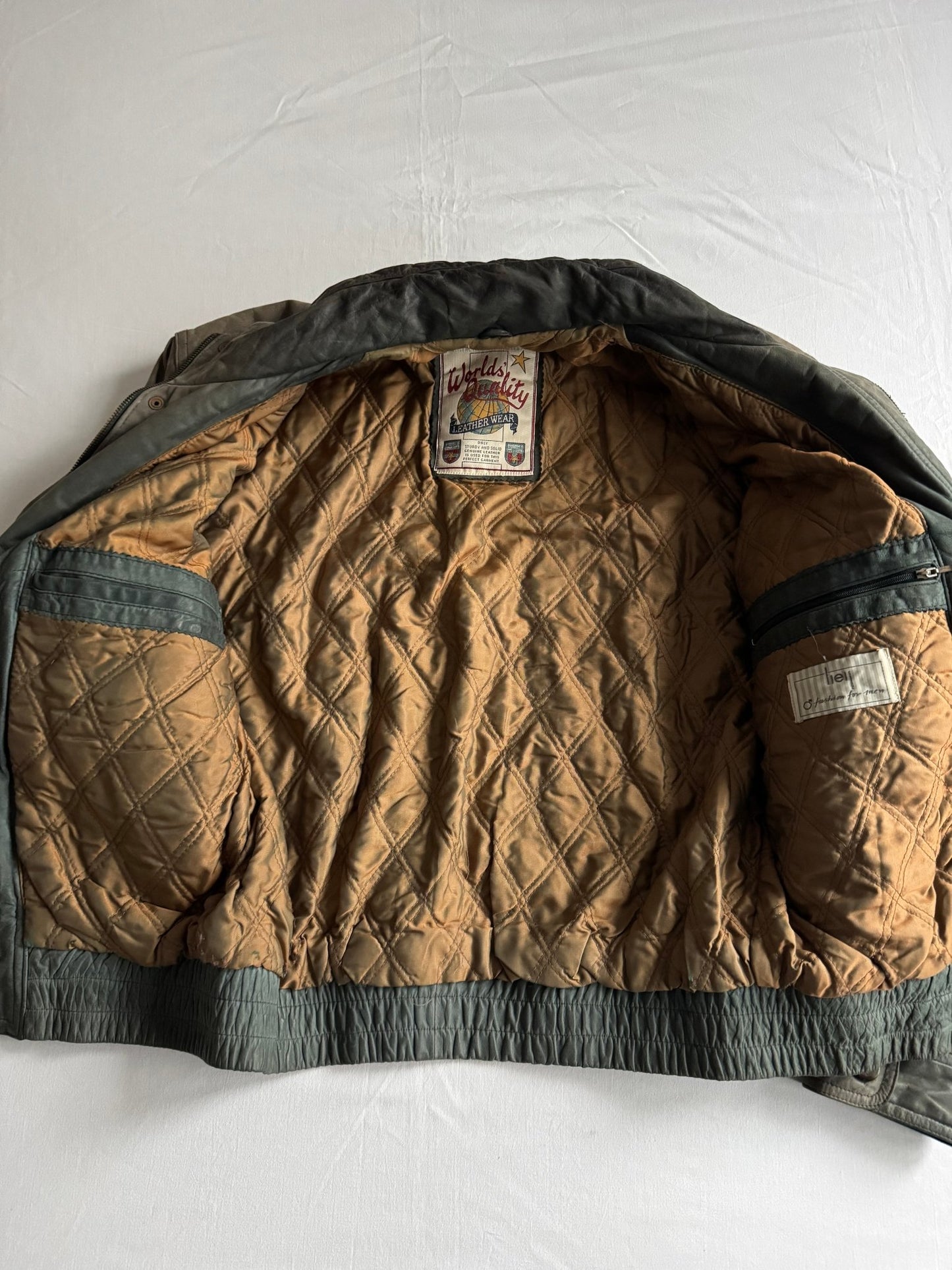 🧥 Geacă vintage din piele nubuk verde - gri, sun - faded | mărimea 46 (M bărbați) - anbracaminte