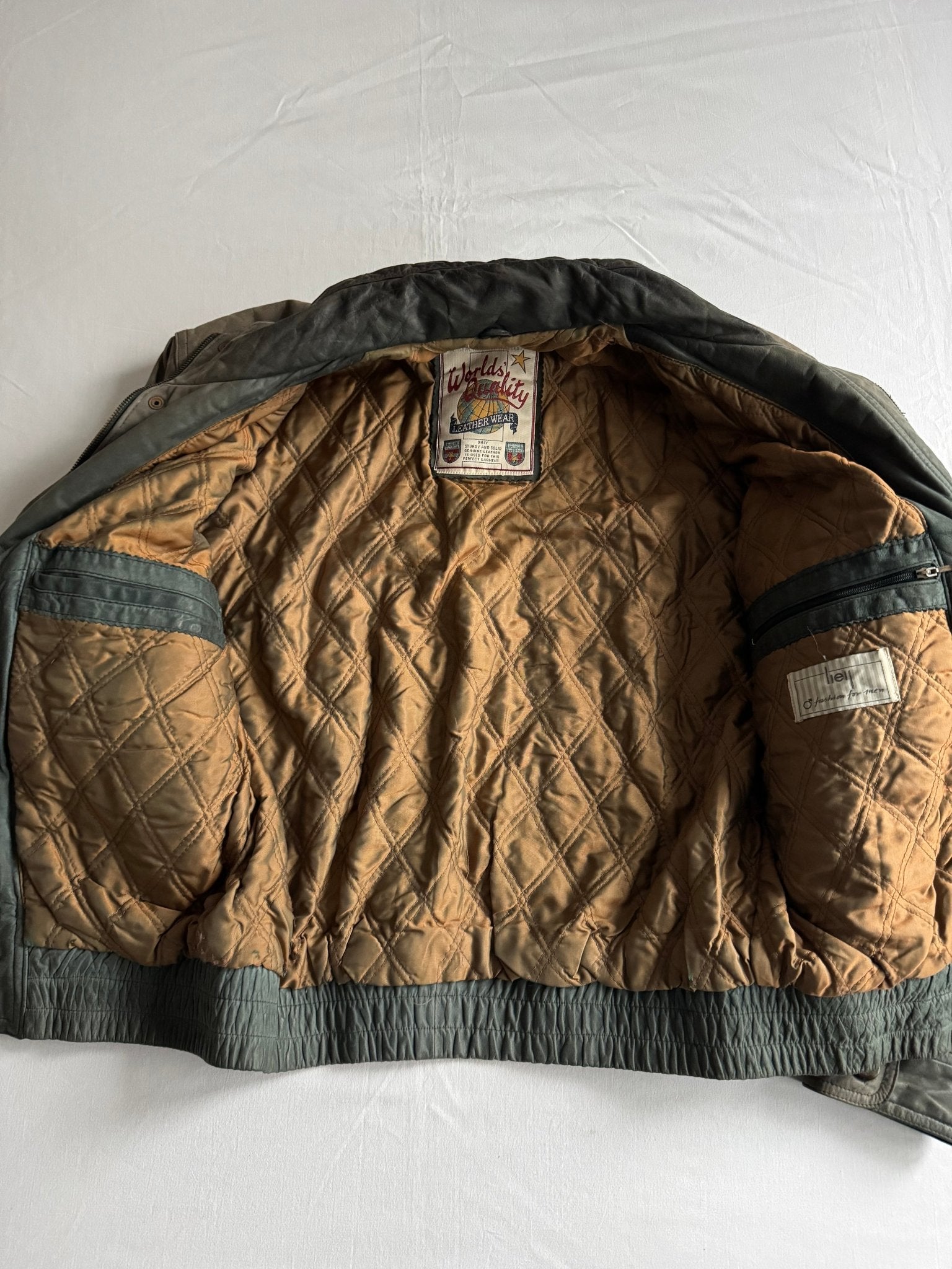 🧥 Geacă vintage din piele nubuk verde - gri, sun - faded | mărimea 46 (M bărbați) - anbracaminte