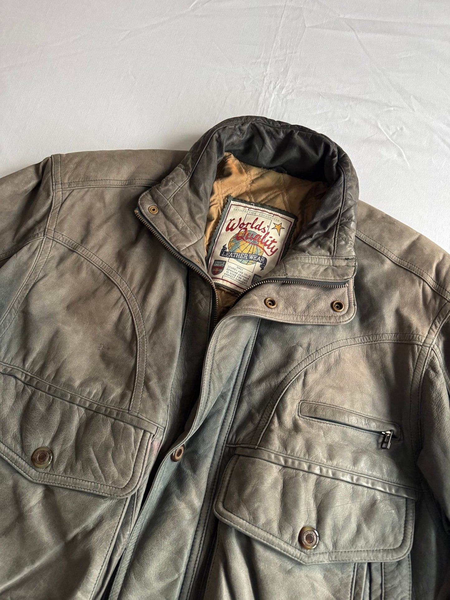 🧥 Geacă vintage din piele nubuk verde - gri, sun - faded | mărimea 46 (M bărbați) - anbracaminte