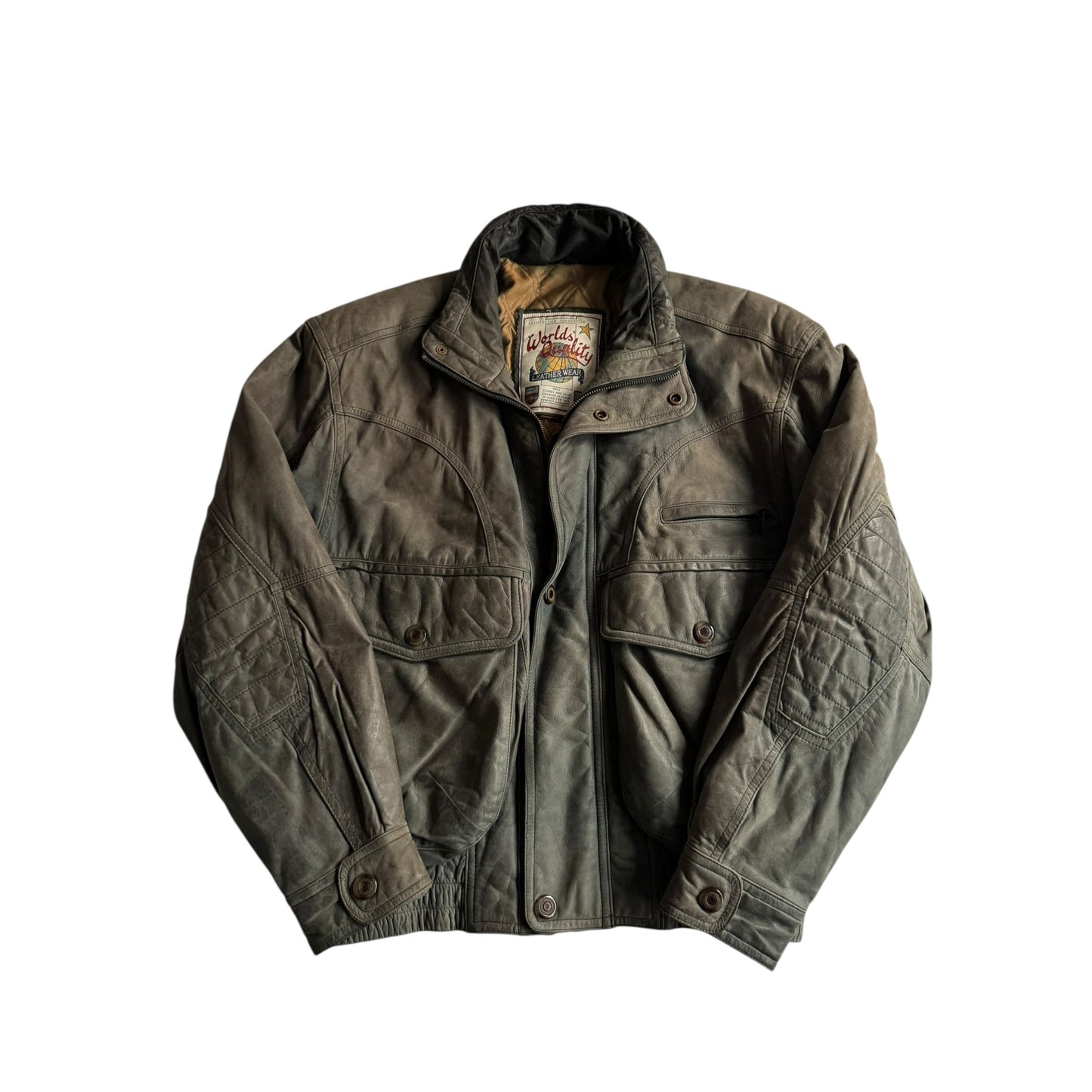 🧥 Geacă vintage din piele nubuk verde - gri, sun - faded | mărimea 46 (M bărbați) - anbracaminte