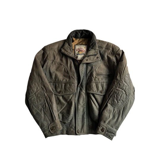 🧥 Geacă vintage din piele nubuk verde - gri, sun - faded | mărimea 46 (M bărbați) - anbracaminte