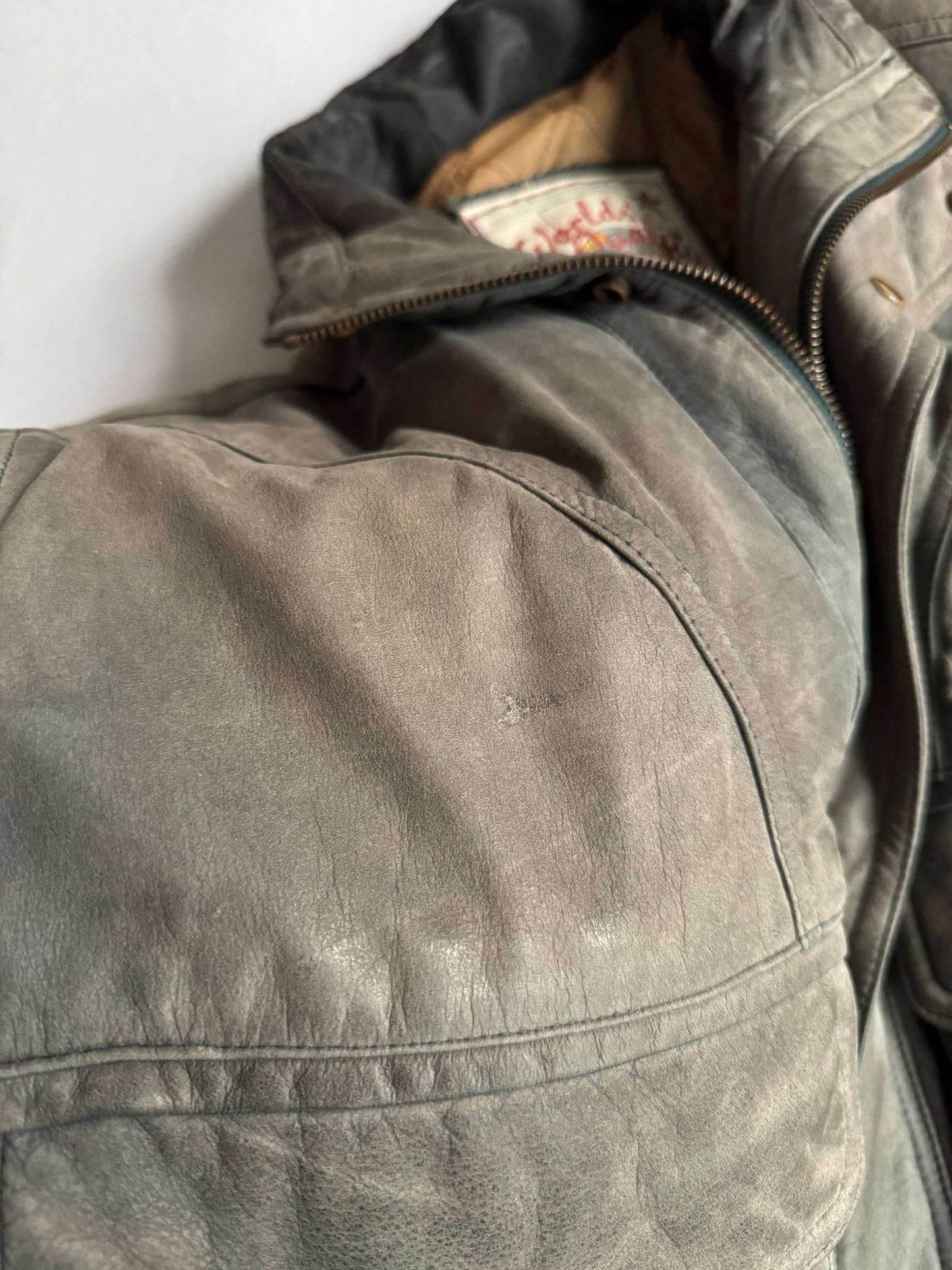 🧥 Geacă vintage din piele nubuk verde - gri, sun - faded | mărimea 46 (M bărbați) - anbracaminte