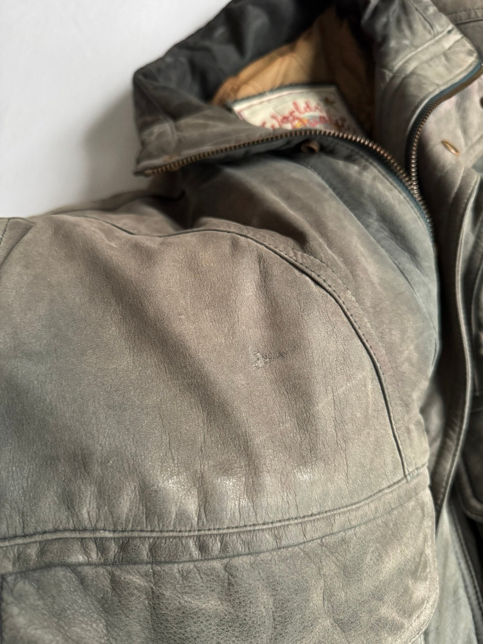 🧥 Geacă vintage din piele nubuk verde - gri, sun - faded | mărimea 46 (M bărbați) - anbracaminte