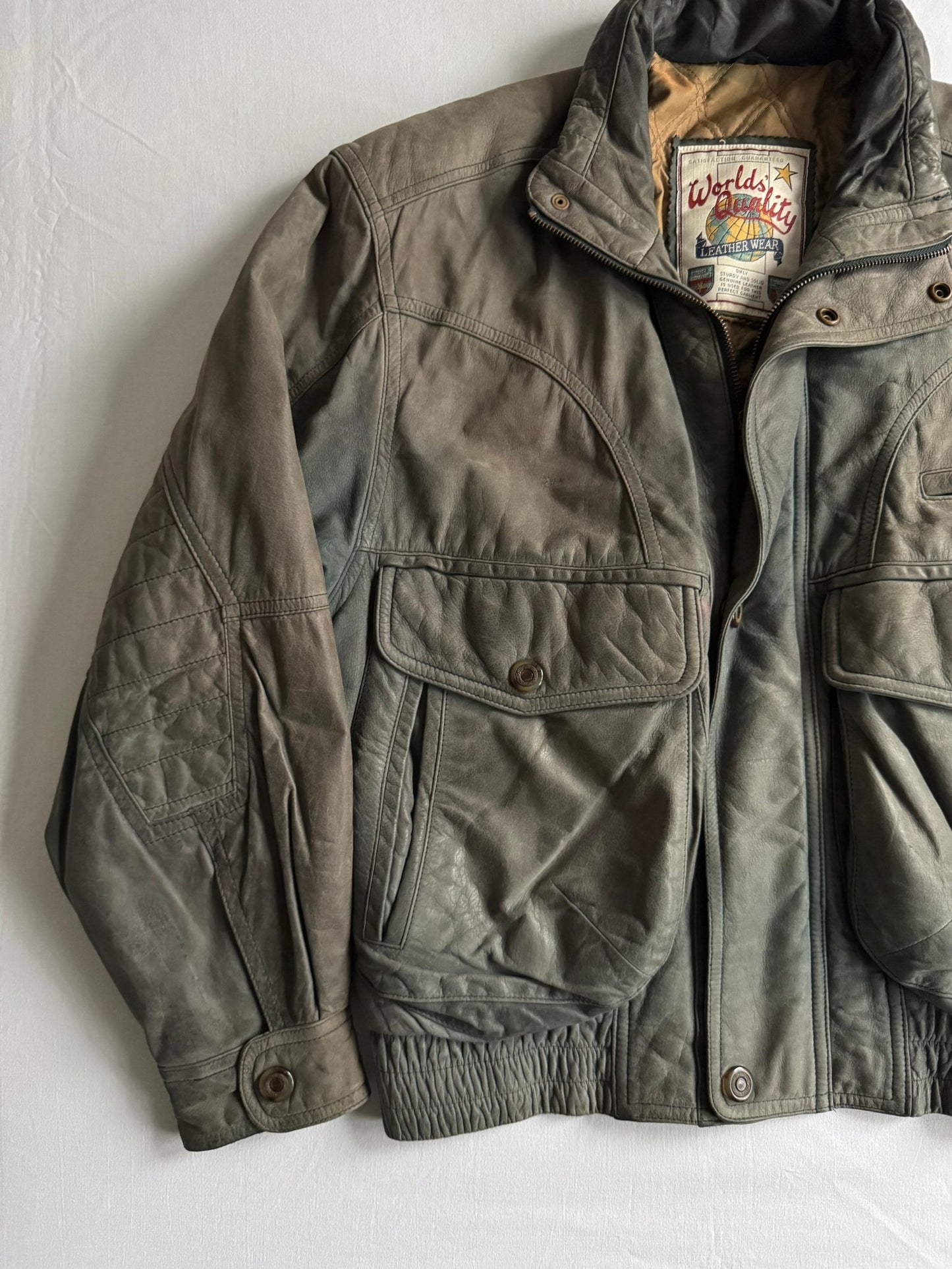🧥 Geacă vintage din piele nubuk verde - gri, sun - faded | mărimea 46 (M bărbați) - anbracaminte