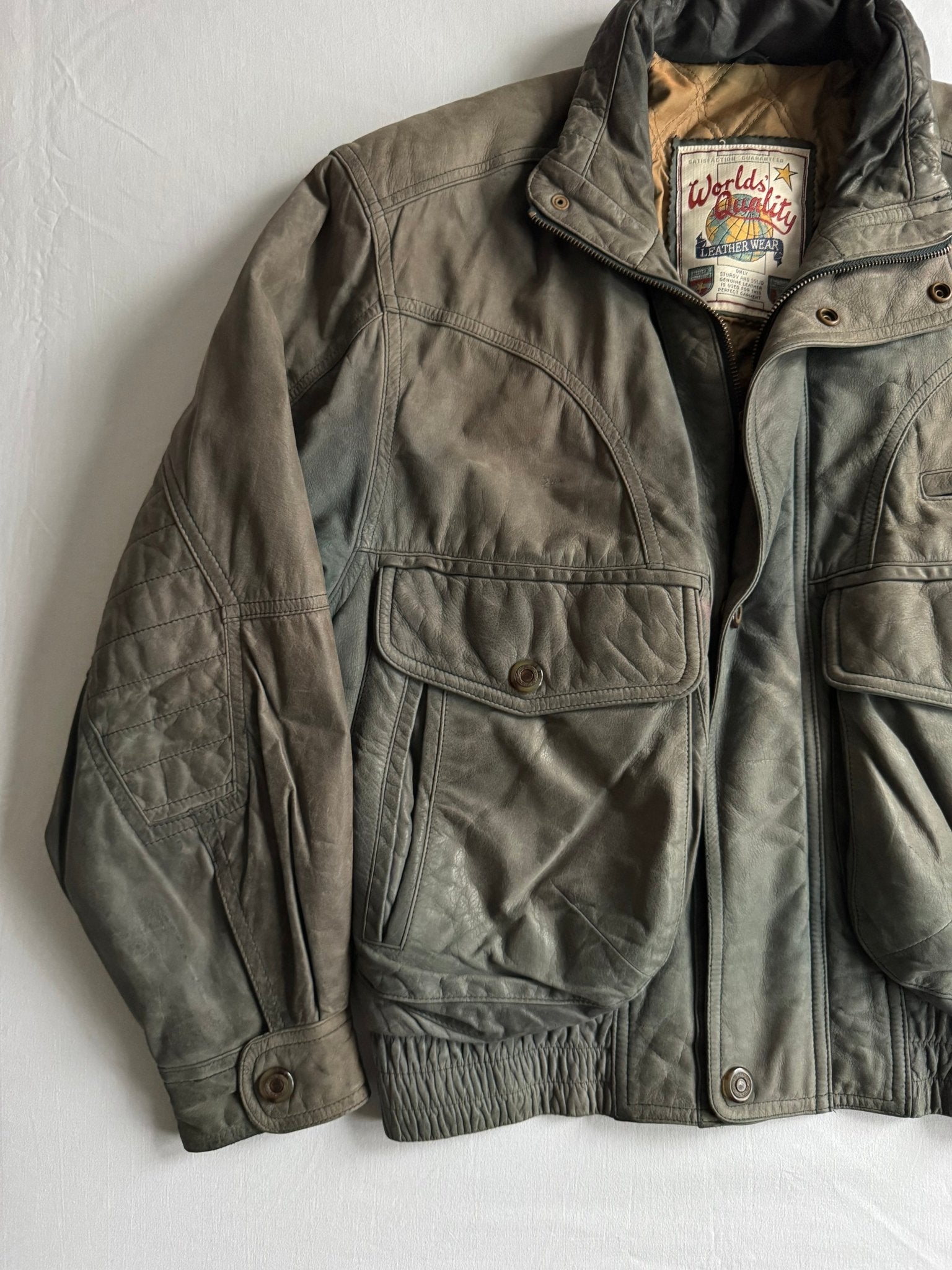 🧥 Geacă vintage din piele nubuk verde - gri, sun - faded | mărimea 46 (M bărbați) - anbracaminte