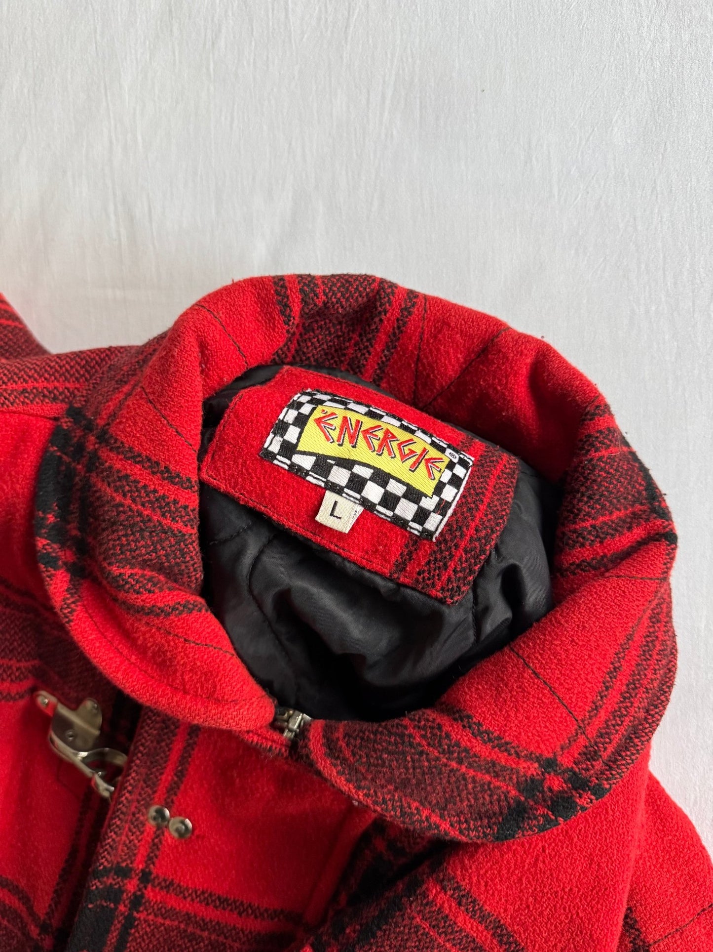 🧑‍🚒 Geacă vintage Energie din lână / Red & Black Plaid - Fireman Clasp (L Barbati) - anbracaminte