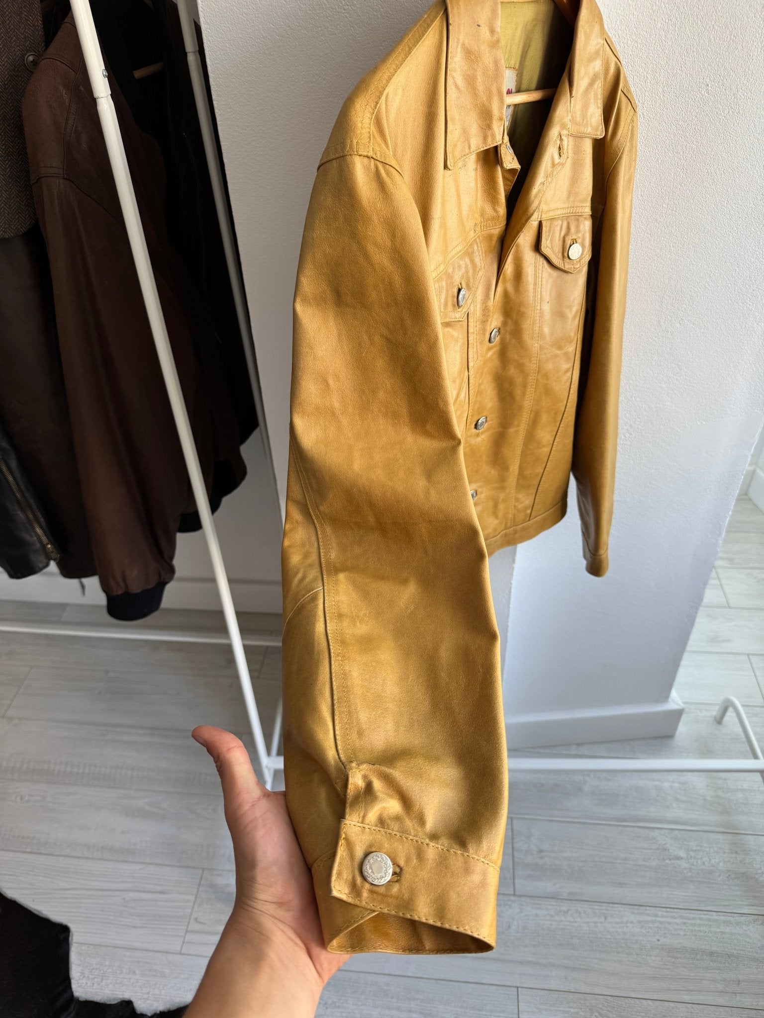 🎨 Geacă Vintage Trucker din Piele Maro – Paint Splattered – L – Made in Italy - anbracaminte