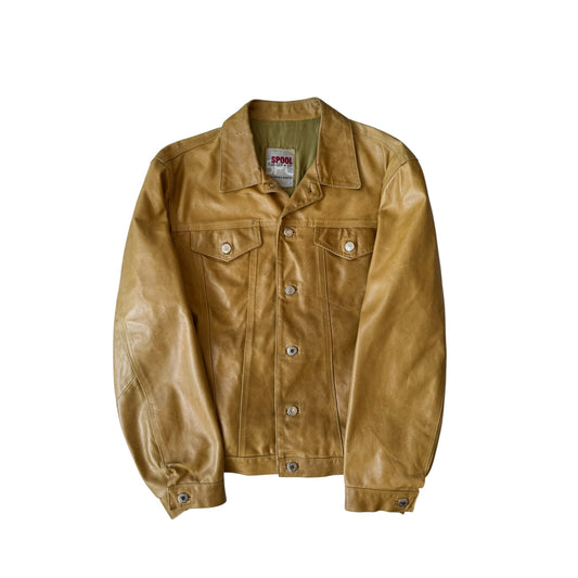 🎨 Geacă Vintage Trucker din Piele Maro – Paint Splattered – L – Made in Italy - anbracaminte
