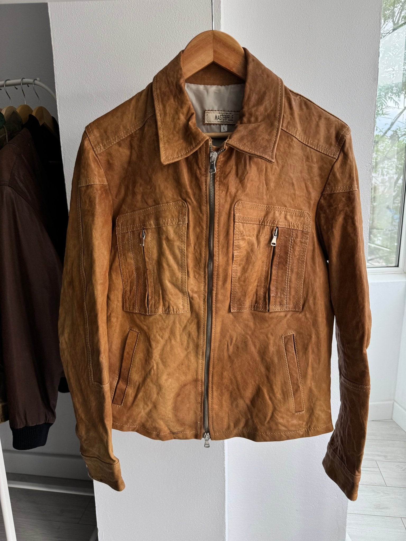 🏜️ Geacă Y2K Bărbați din Piele cu Patină Naturală – M – Made in Italy - anbracaminte