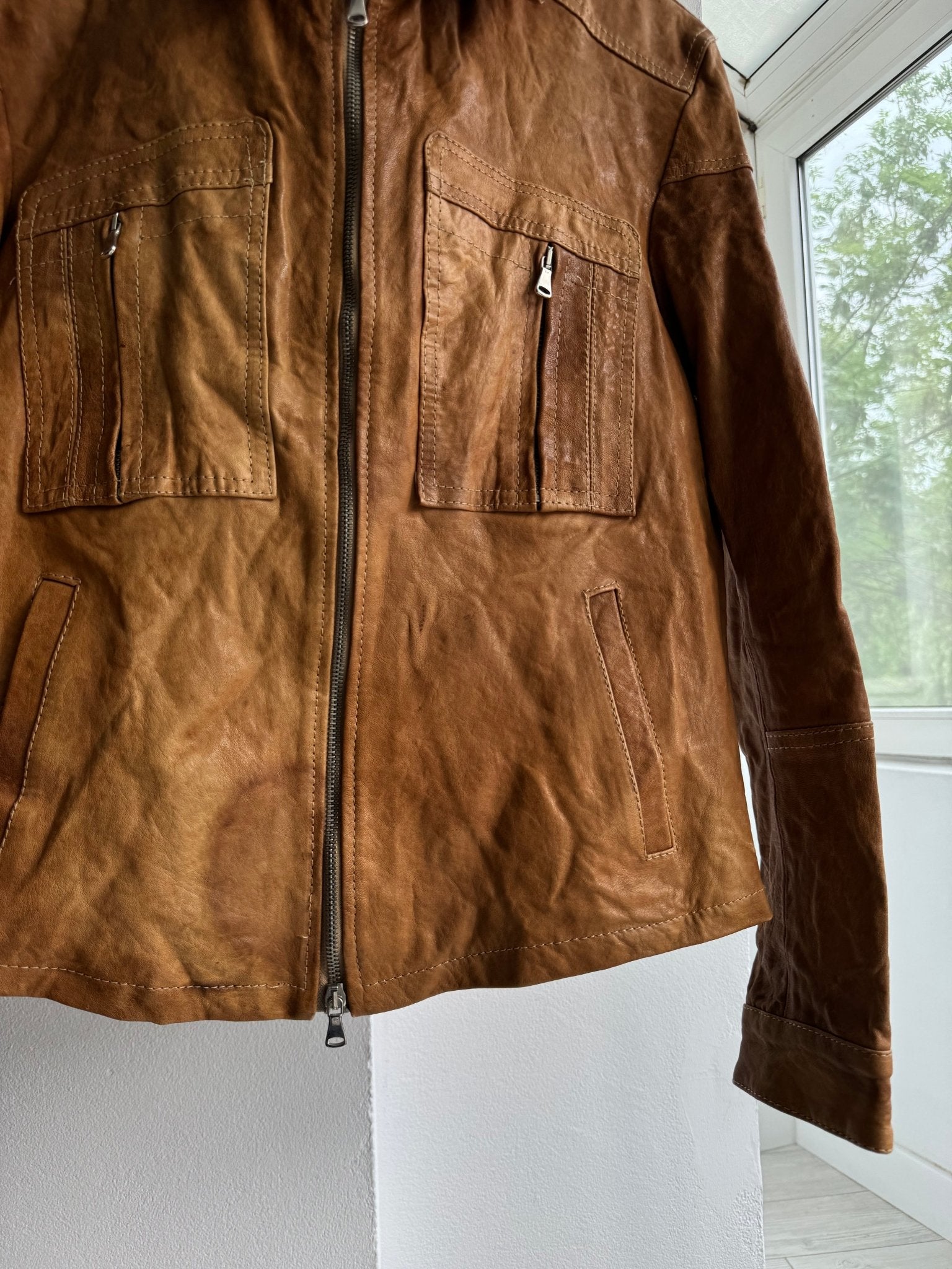 🏜️ Geacă Y2K Bărbați din Piele cu Patină Naturală – M – Made in Italy - anbracaminte