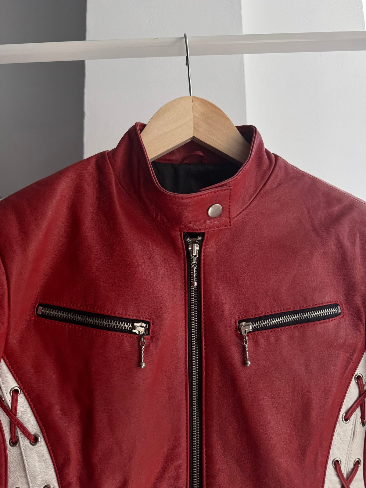 🍒 Geacă Y2K Cafe Racer din Piele Roșie – L Damă - anbracaminte
