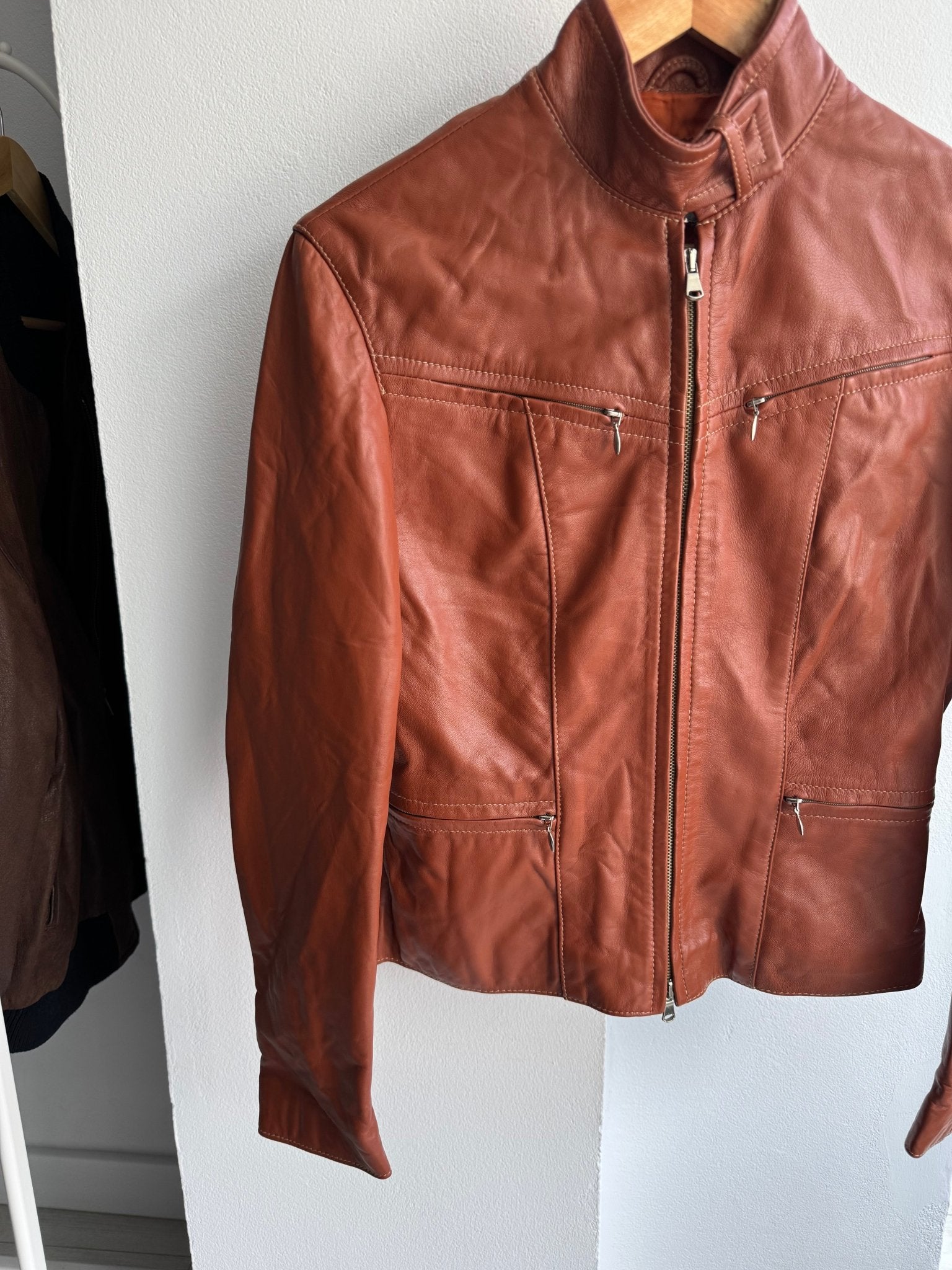 🤎 Geacă Y2K Damă Cafe Racer din Piele Caramel Brown – M (IT 42) – Made in Italy - anbracaminte