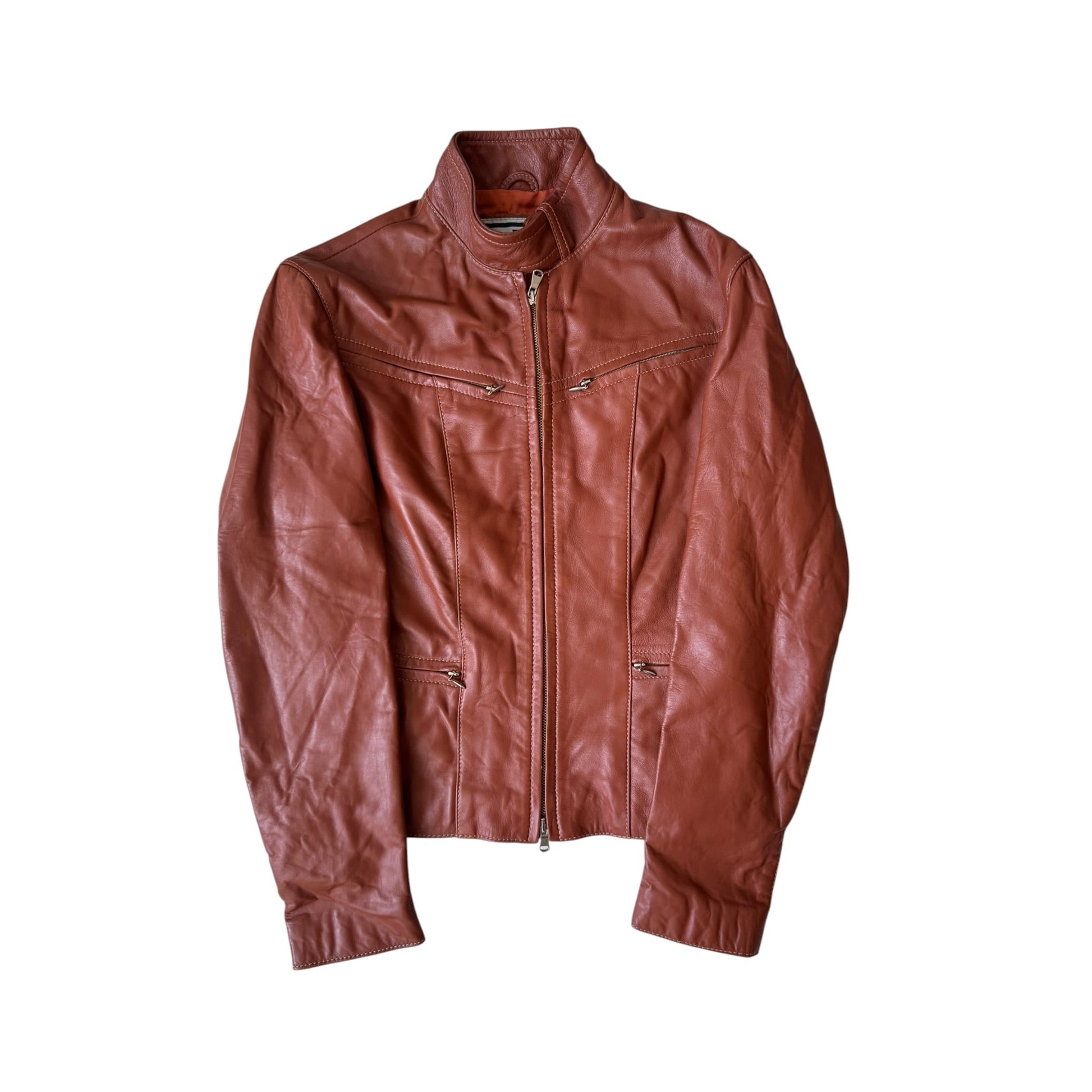 🤎 Geacă Y2K Damă Cafe Racer din Piele Caramel Brown – M (IT 42) – Made in Italy - anbracaminte