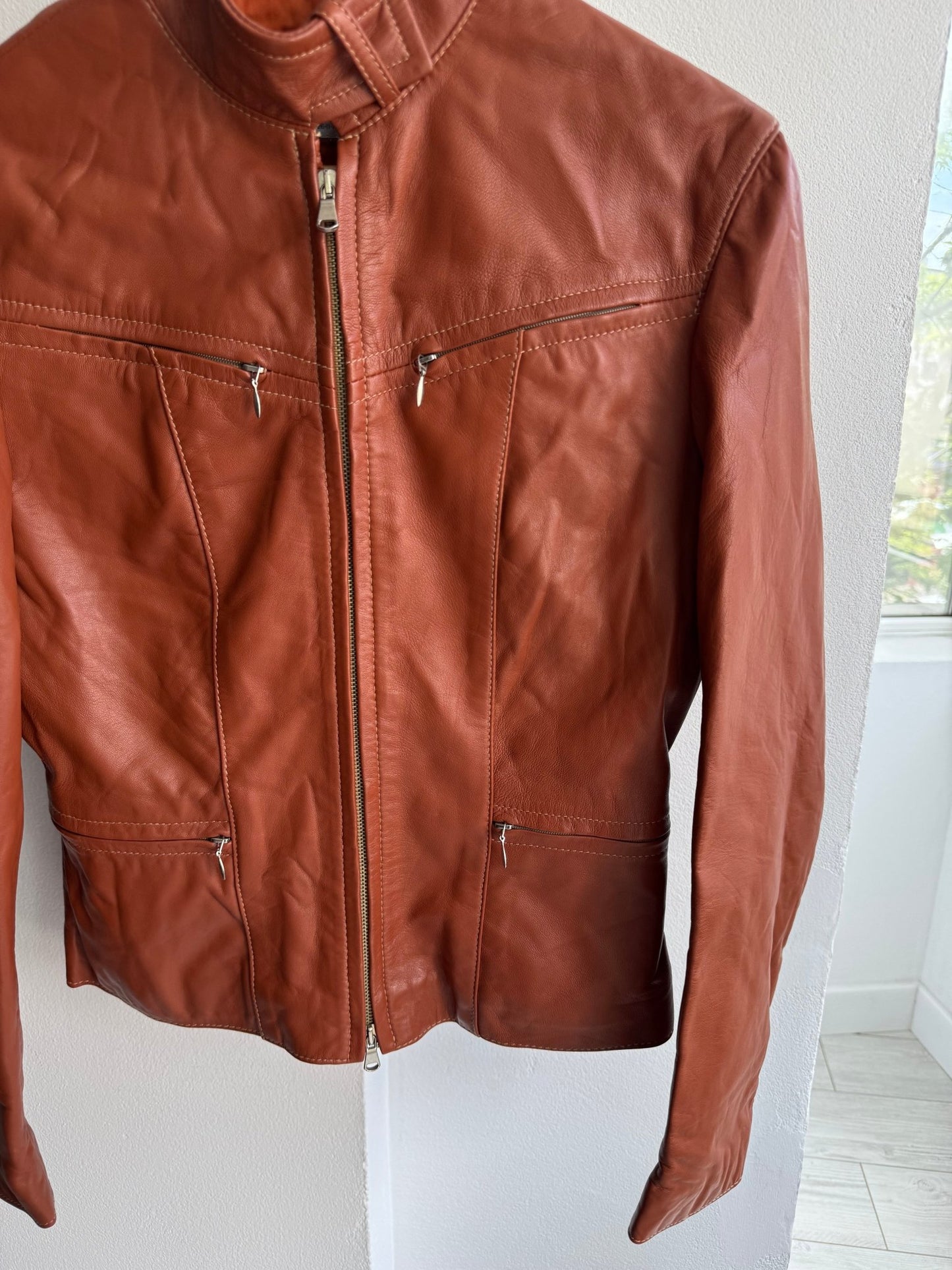 🤎 Geacă Y2K Damă Cafe Racer din Piele Caramel Brown – M (IT 42) – Made in Italy - anbracaminte