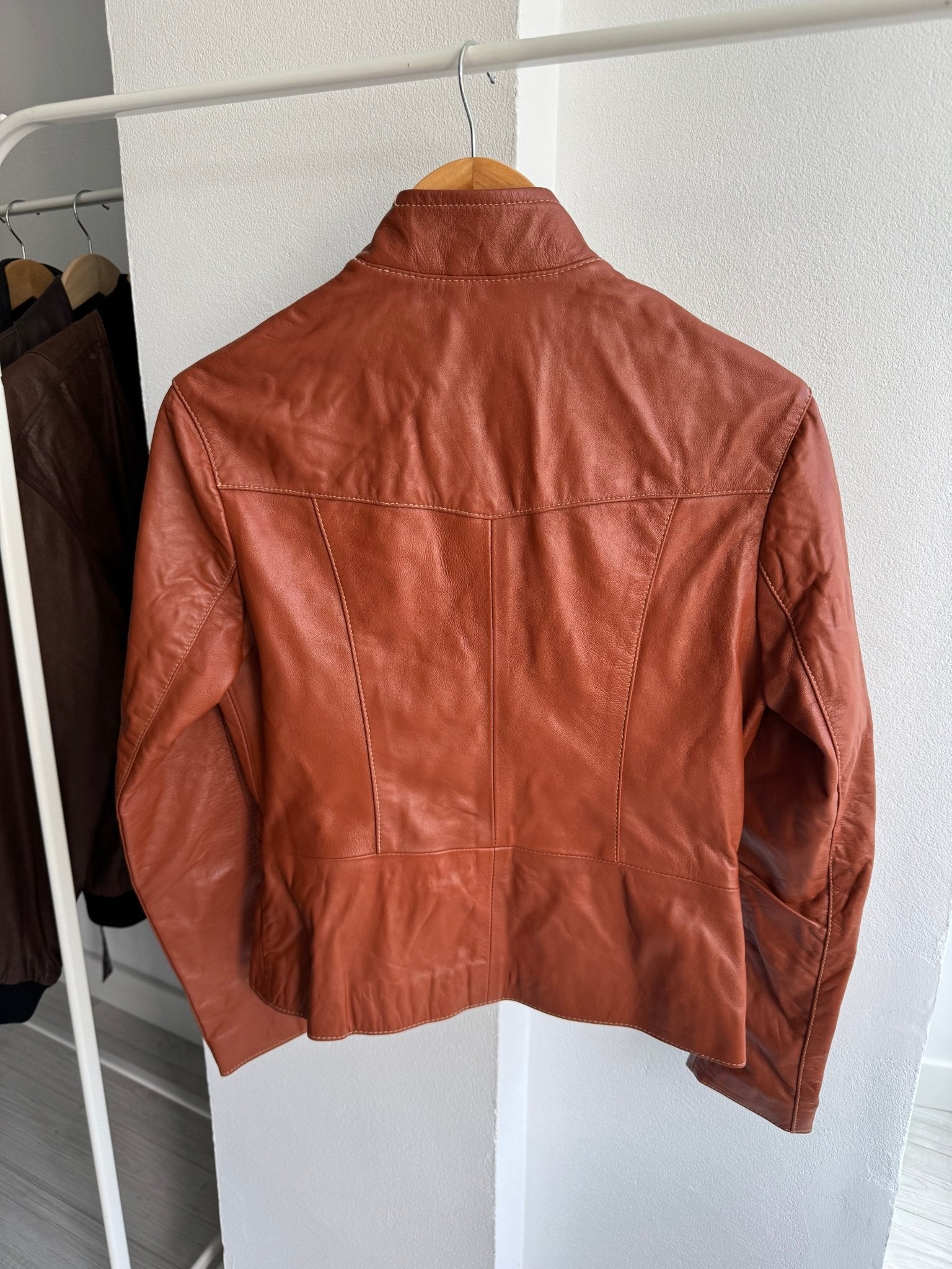 🤎 Geacă Y2K Damă Cafe Racer din Piele Caramel Brown – M (IT 42) – Made in Italy - anbracaminte