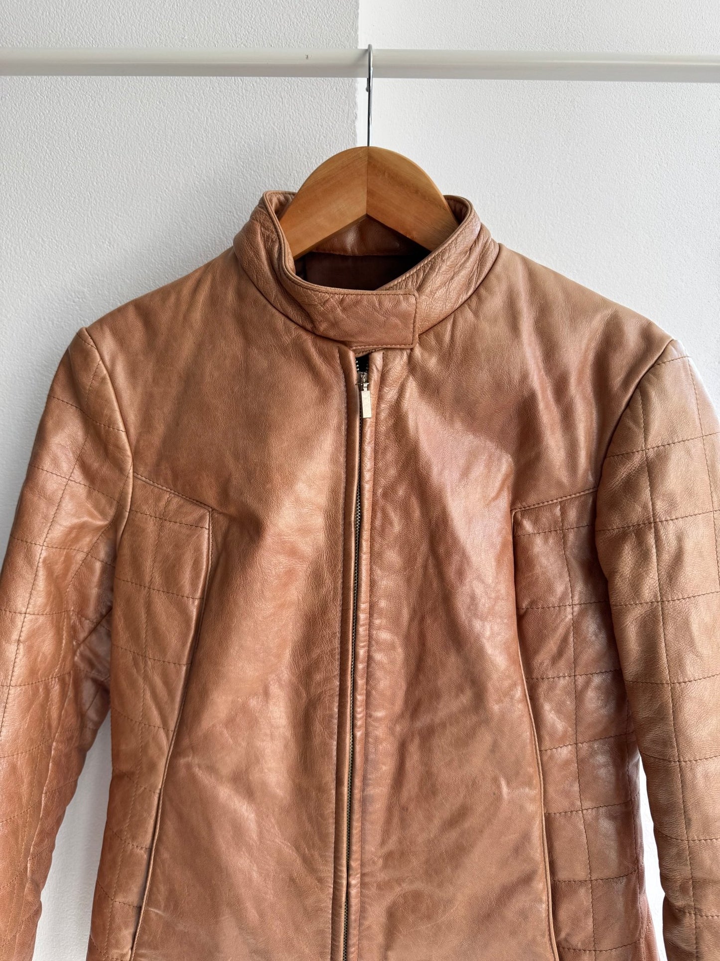 🤎 Geacă Y2K Damă Cafe Racer din Piele Caramel Brown – M – Made in Italy - anbracaminte