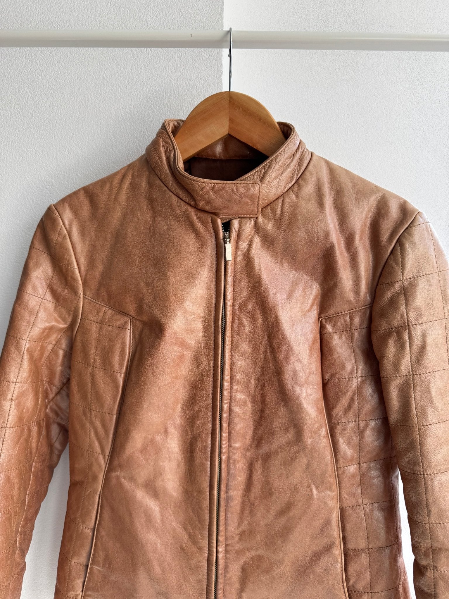 🤎 Geacă Y2K Damă Cafe Racer din Piele Caramel Brown – M – Made in Italy - anbracaminte