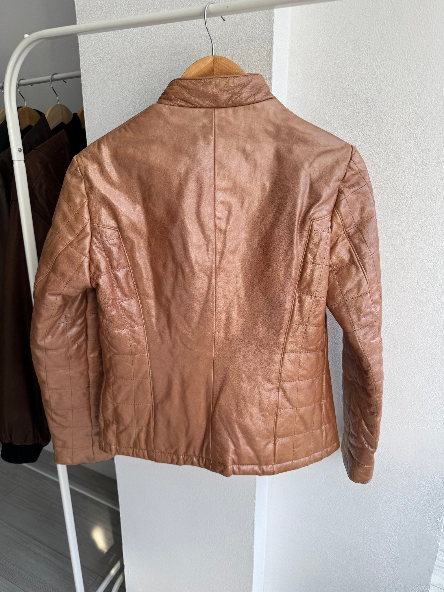 🤎 Geacă Y2K Damă Cafe Racer din Piele Caramel Brown – M – Made in Italy - anbracaminte