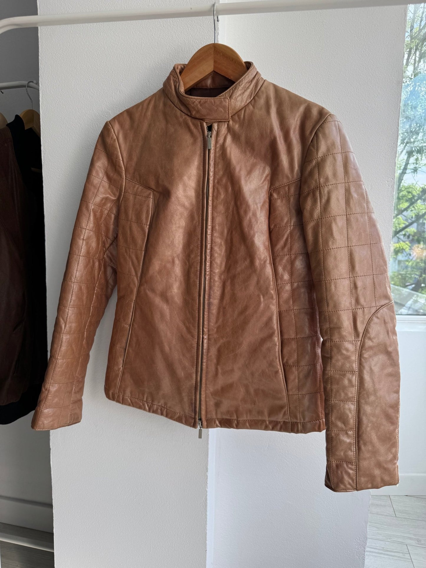 🤎 Geacă Y2K Damă Cafe Racer din Piele Caramel Brown – M – Made in Italy - anbracaminte