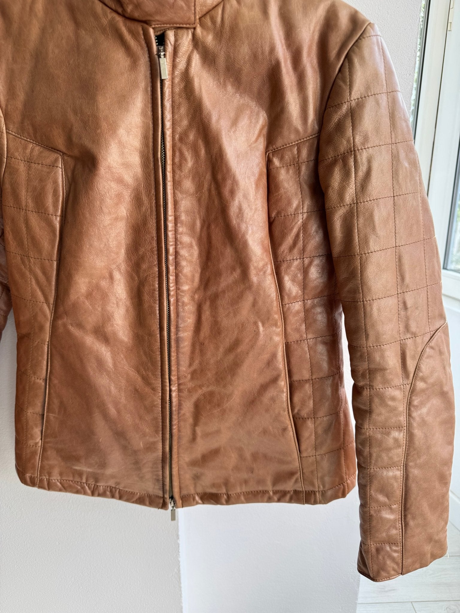 🤎 Geacă Y2K Damă Cafe Racer din Piele Caramel Brown – M – Made in Italy - anbracaminte