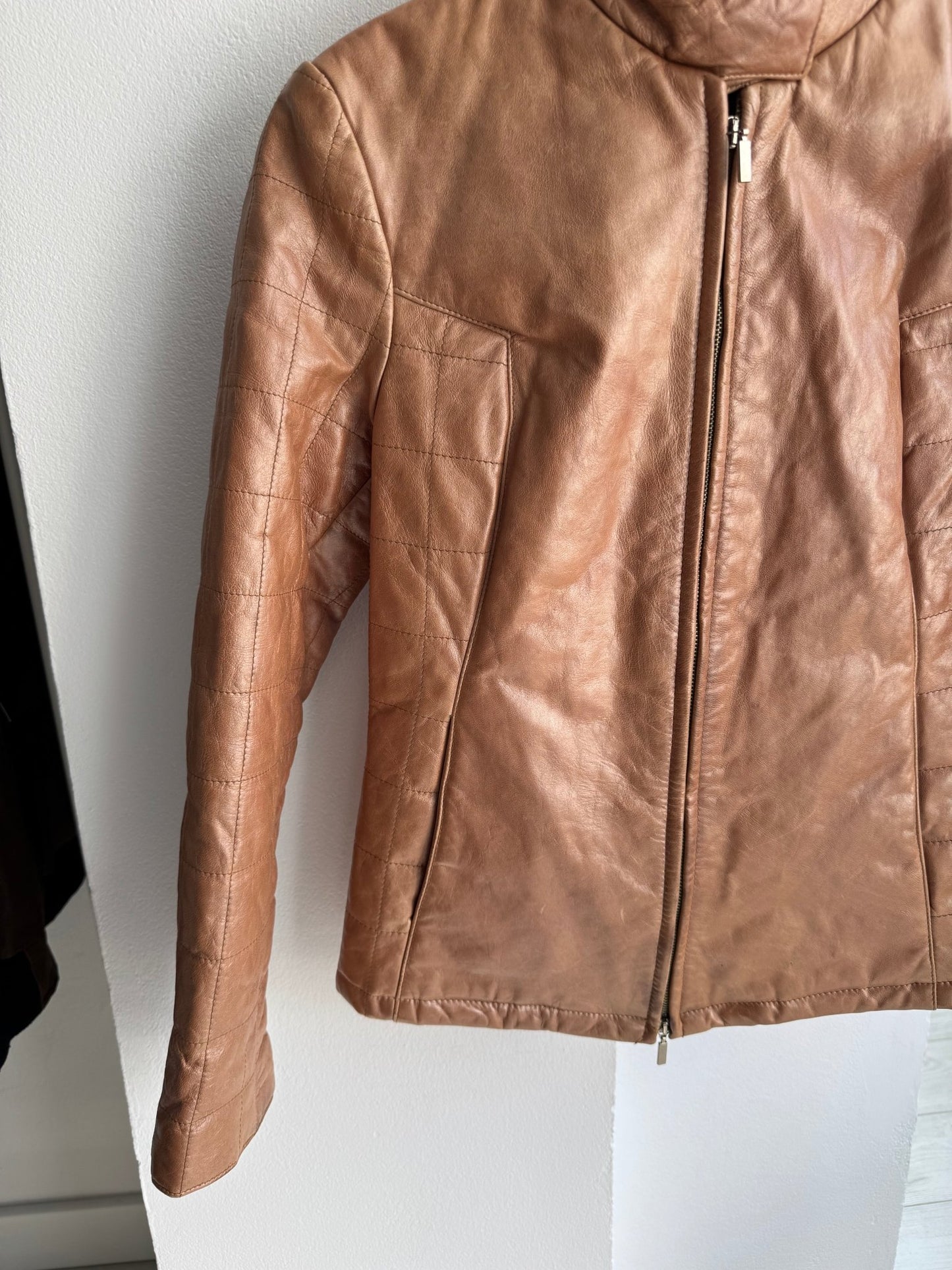 🤎 Geacă Y2K Damă Cafe Racer din Piele Caramel Brown – M – Made in Italy - anbracaminte