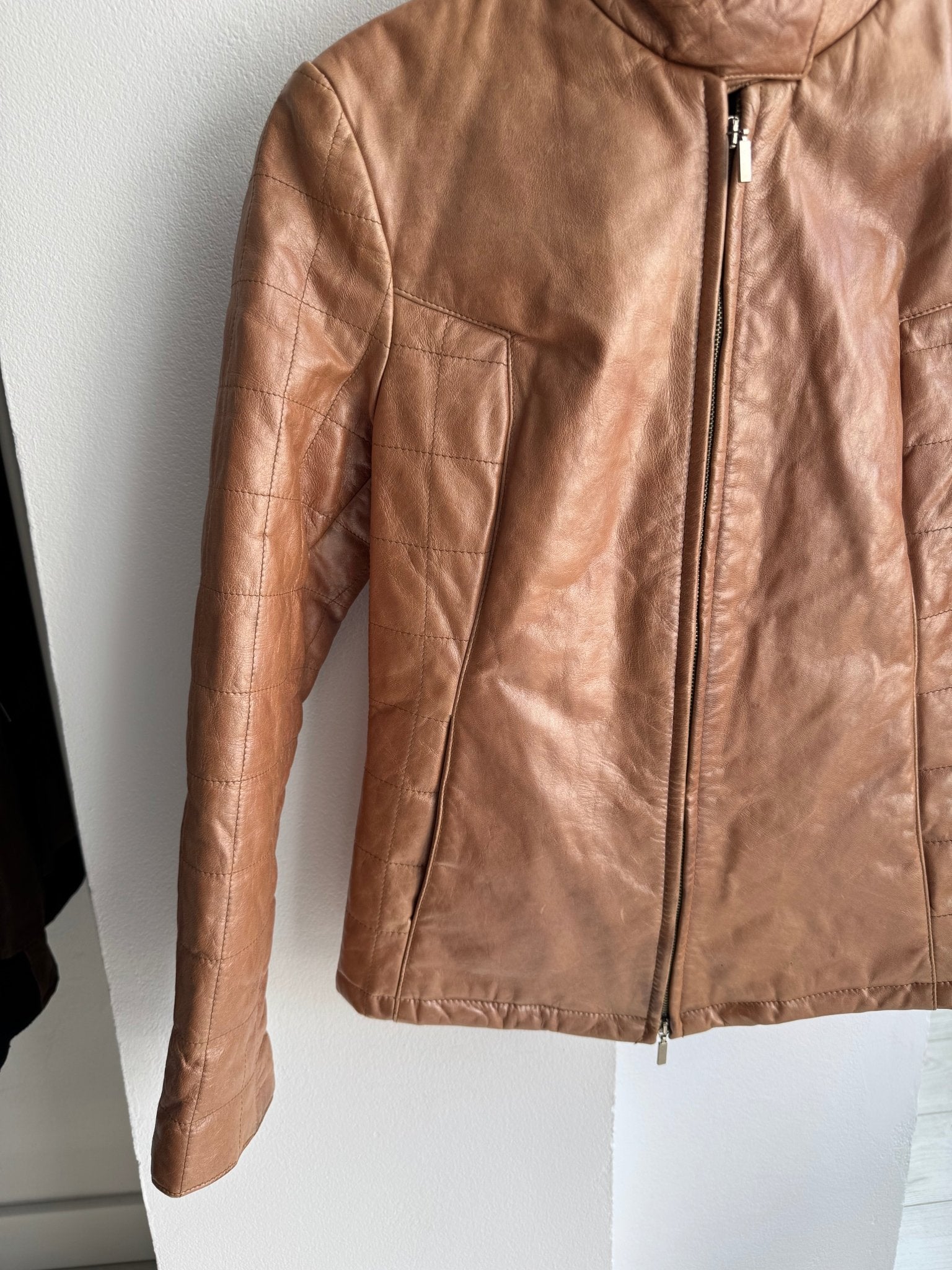 🤎 Geacă Y2K Damă Cafe Racer din Piele Caramel Brown – M – Made in Italy - anbracaminte