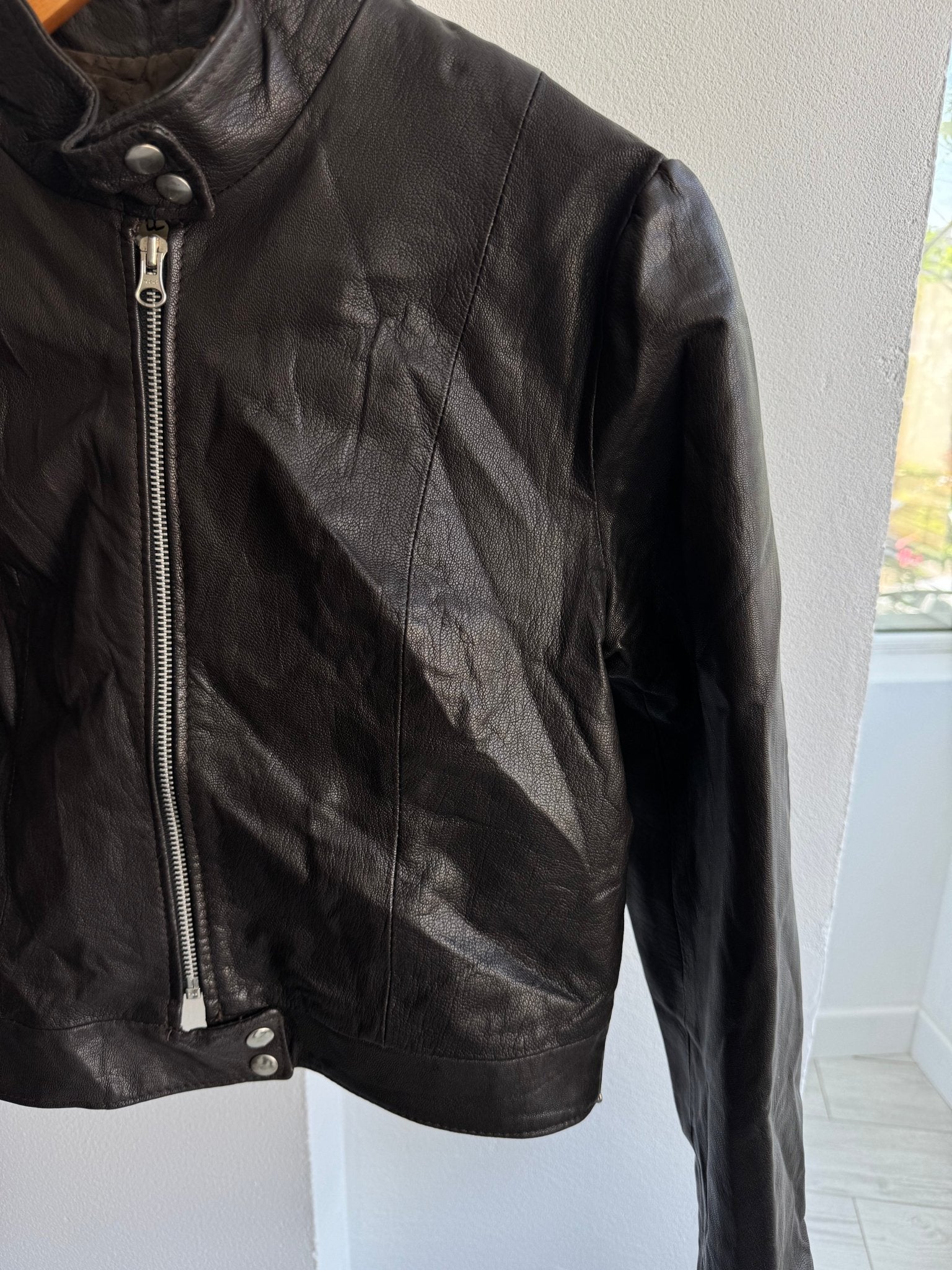 🤎 Geacă Y2K Damă Cafe Racer din Piele Maro Închis – M (IT 42) – Made in Italy - anbracaminte