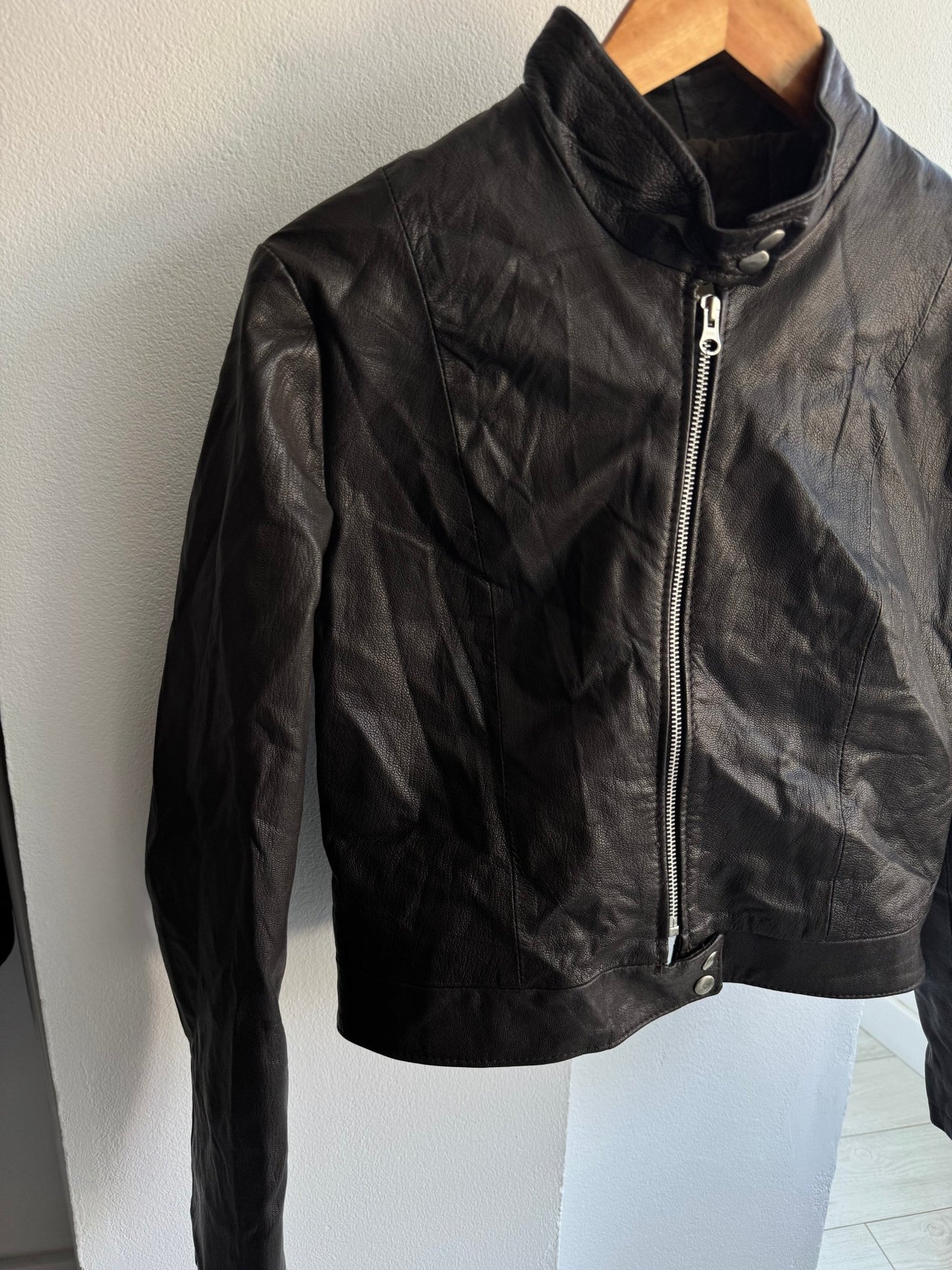 🤎 Geacă Y2K Damă Cafe Racer din Piele Maro Închis – M (IT 42) – Made in Italy - anbracaminte