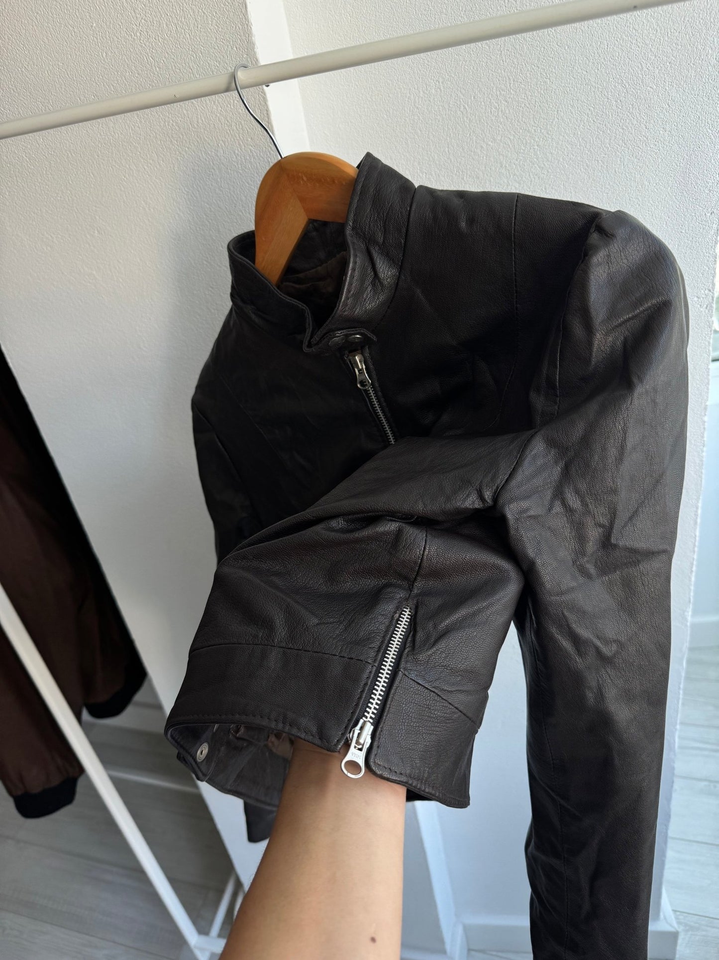 🤎 Geacă Y2K Damă Cafe Racer din Piele Maro Închis – M (IT 42) – Made in Italy - anbracaminte