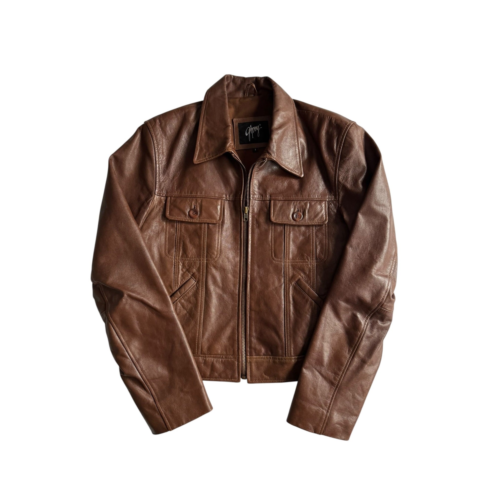 🥃 Geacă Y2K Damă din Piele Cognac Brown – L - anbracaminte