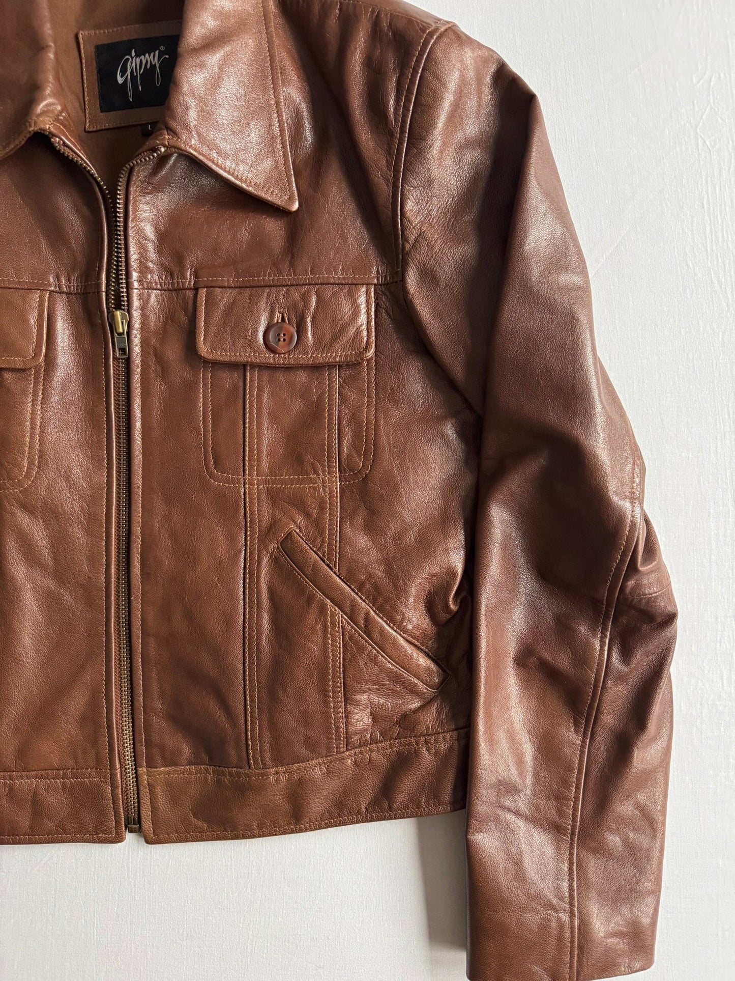 🥃 Geacă Y2K Damă din Piele Cognac Brown – L - anbracaminte