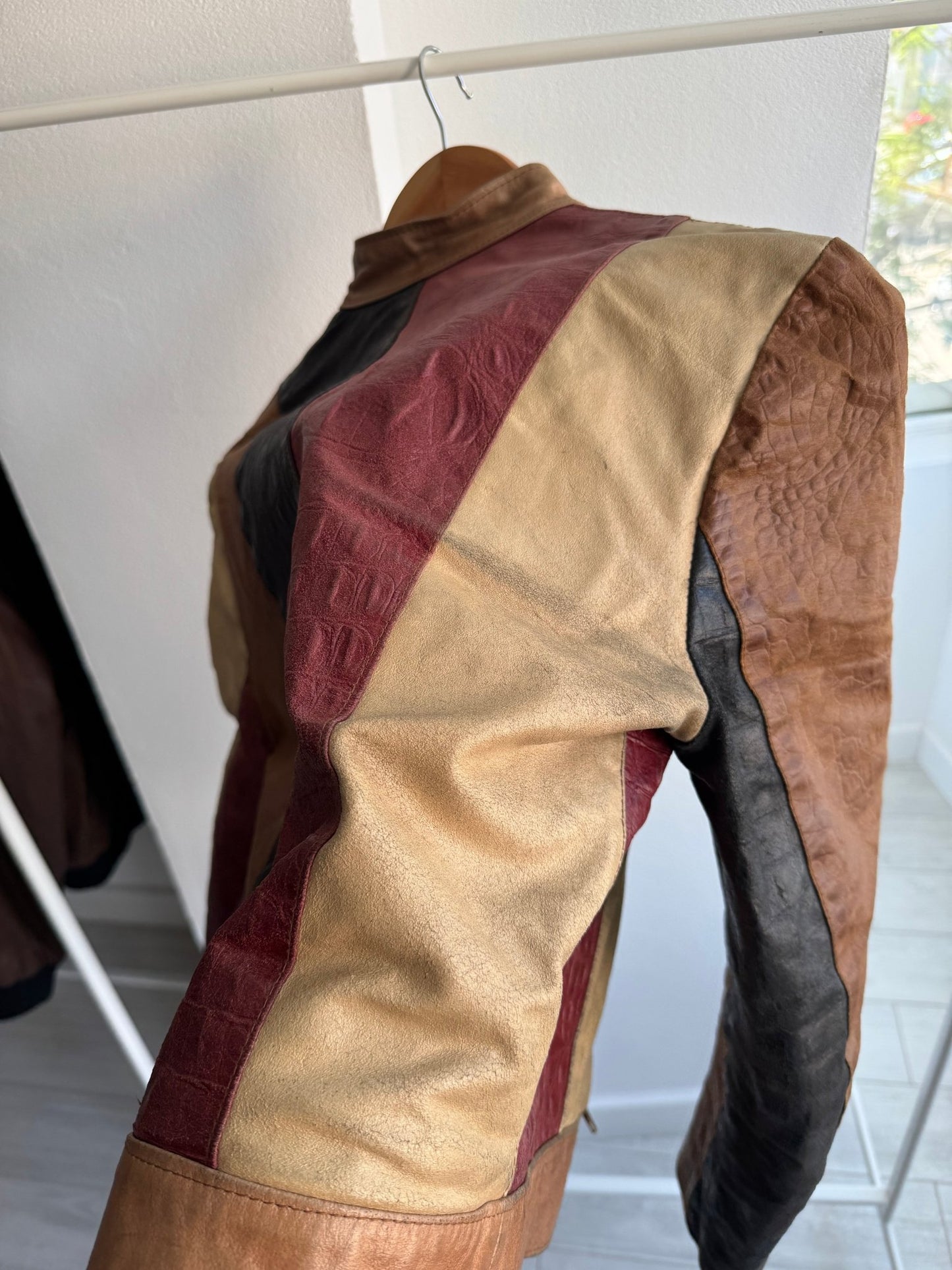 ☀️ Geacă Y2K Damă din Piele Patchwork – M – Made in Italy - anbracaminte