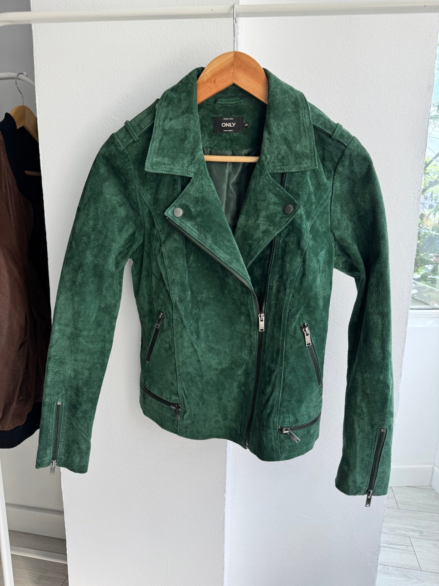 🌳 Geacă Y2K Damă din Suede Verde – Biker Jacket – M (38) - anbracaminte