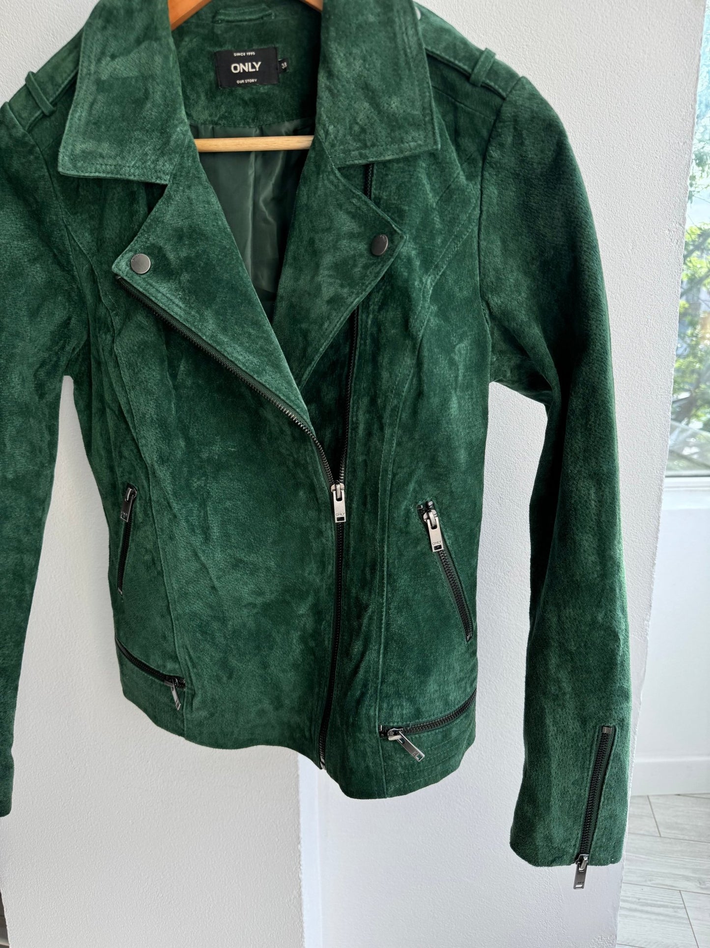 🌳 Geacă Y2K Damă din Suede Verde – Biker Jacket – M (38) - anbracaminte