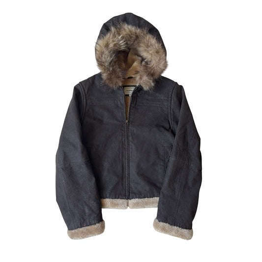 🦝 Geacă Y2K Damă Suede cu Glugă & Blană Raccoon – S - anbracaminte