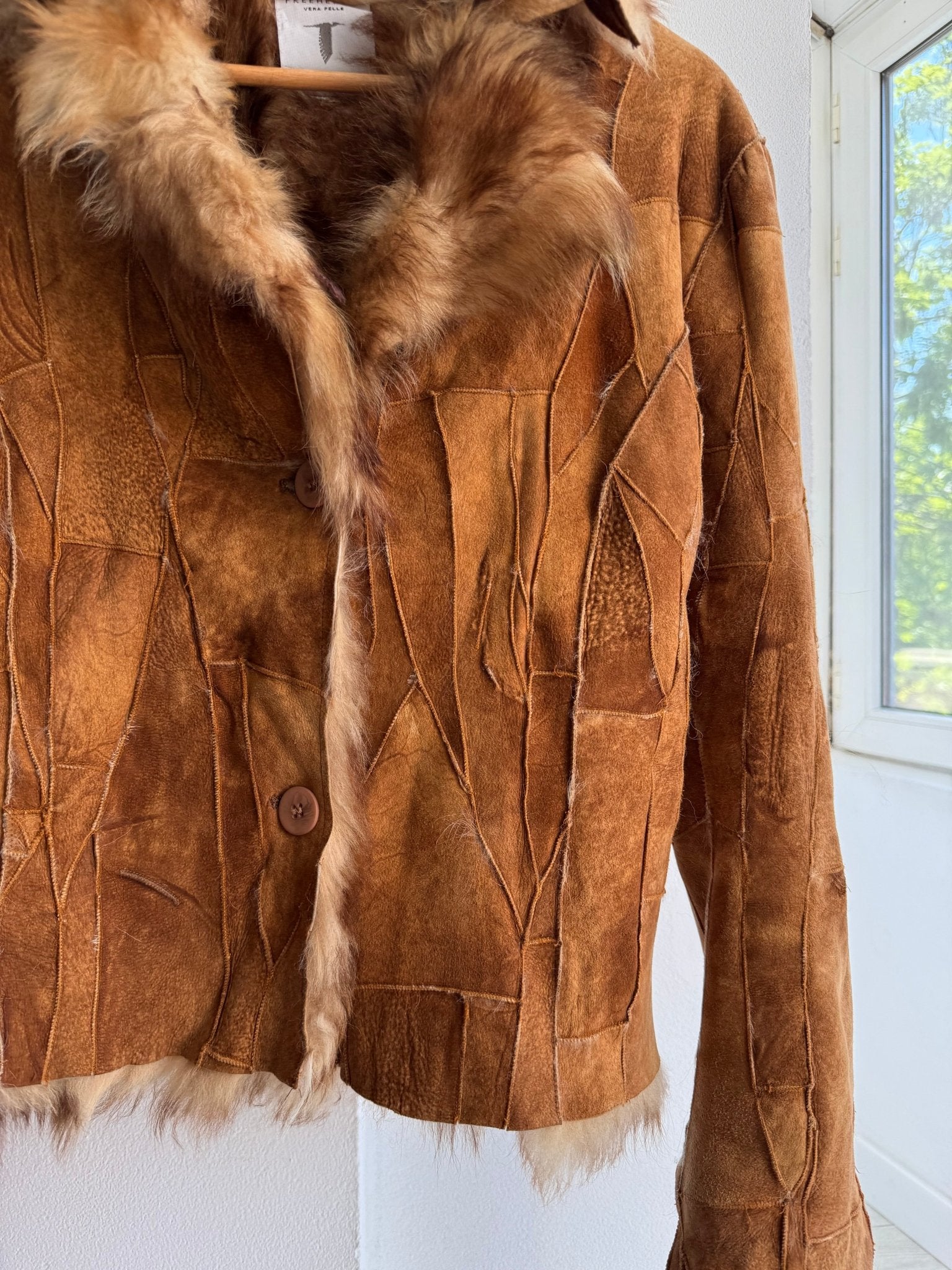 🤎 Geacă Y2K Damă Suede Patchwork Maro cu Blană Naturală – M/L (IT 44) – Made in Italy - anbracaminte
