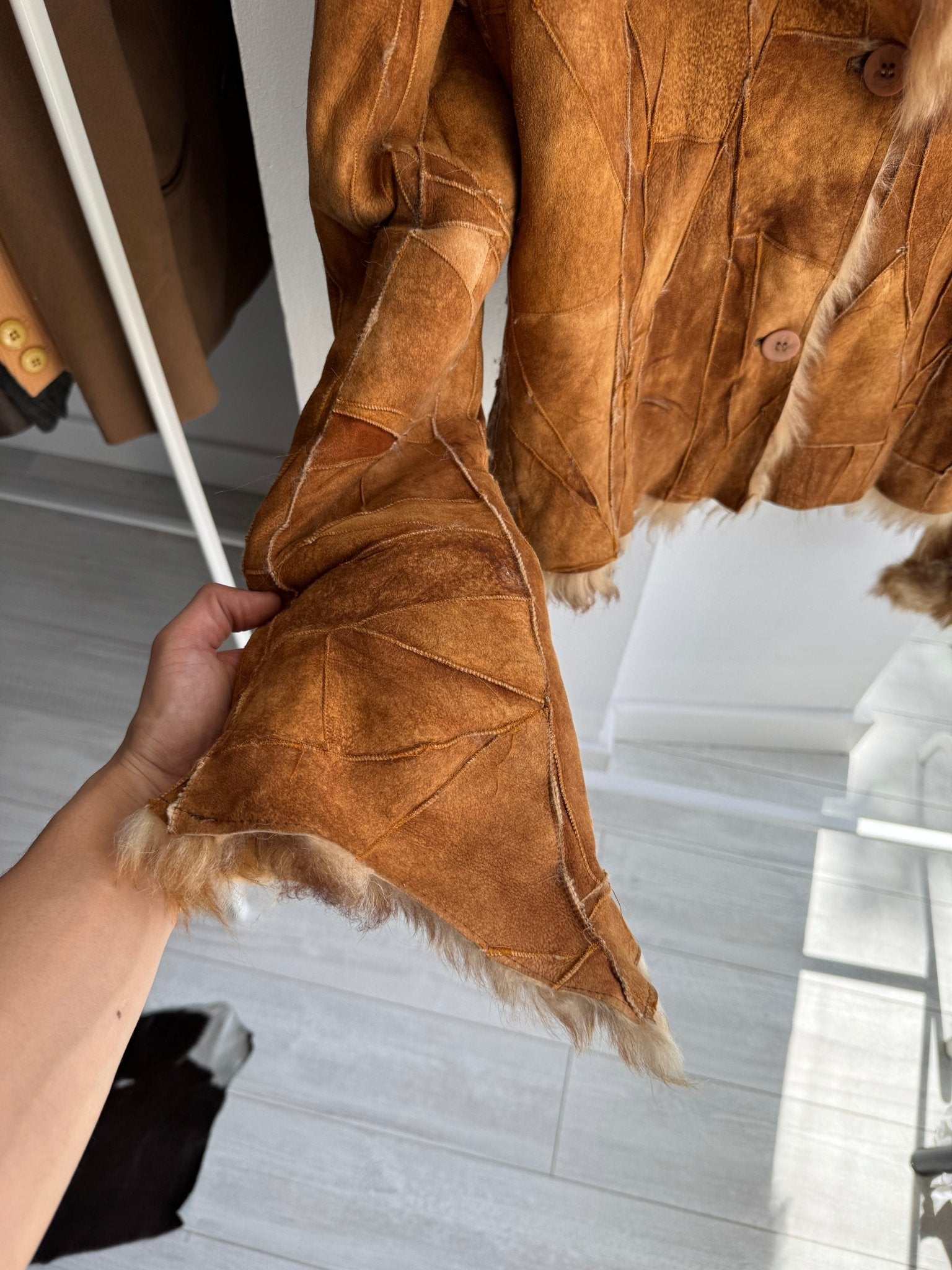 🤎 Geacă Y2K Damă Suede Patchwork Maro cu Blană Naturală – M/L (IT 44) – Made in Italy - anbracaminte