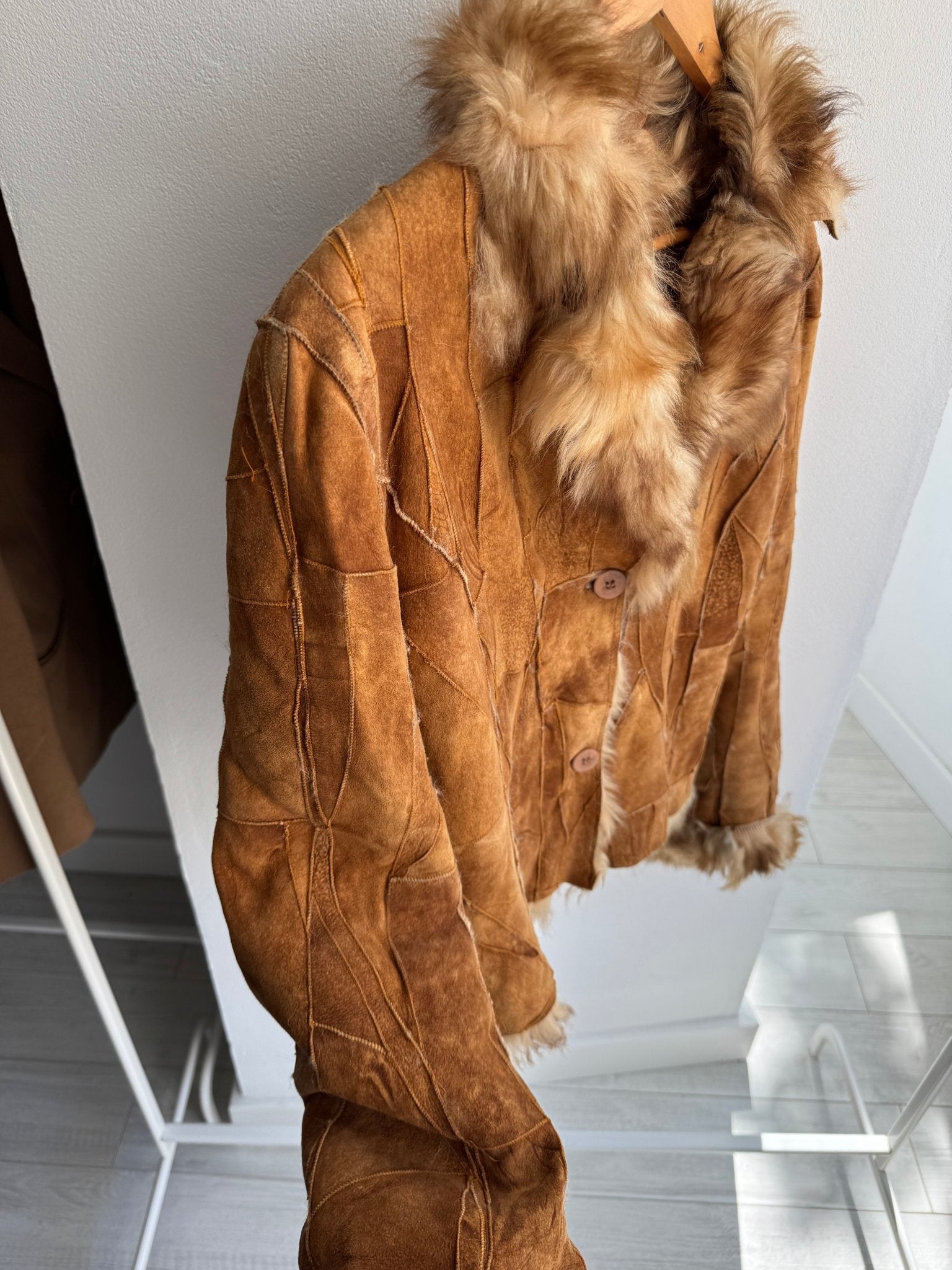 🤎 Geacă Y2K Damă Suede Patchwork Maro cu Blană Naturală – M/L (IT 44) – Made in Italy - anbracaminte