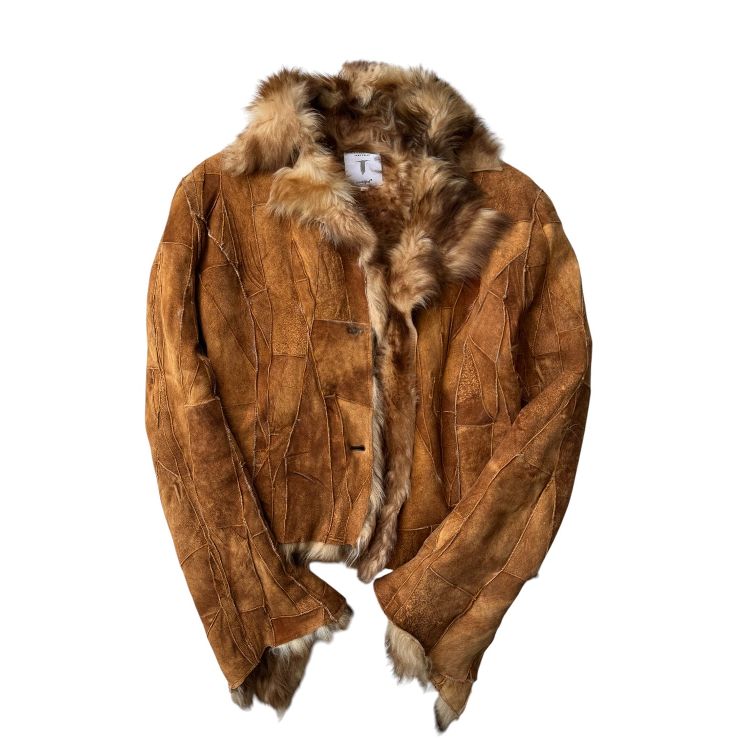 🤎 Geacă Y2K Damă Suede Patchwork Maro cu Blană Naturală – M/L (IT 44) – Made in Italy - anbracaminte