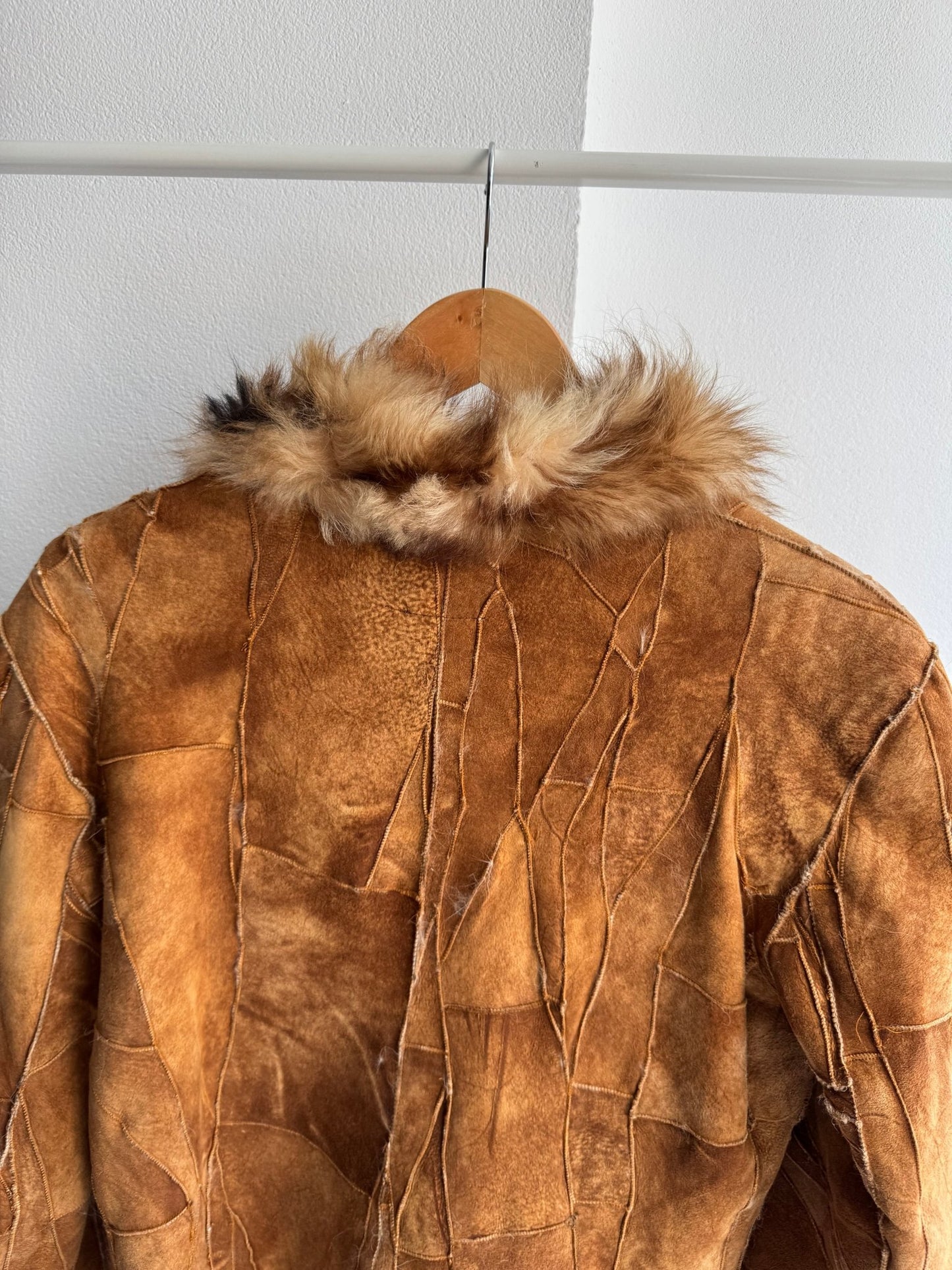 🤎 Geacă Y2K Damă Suede Patchwork Maro cu Blană Naturală – M/L (IT 44) – Made in Italy - anbracaminte