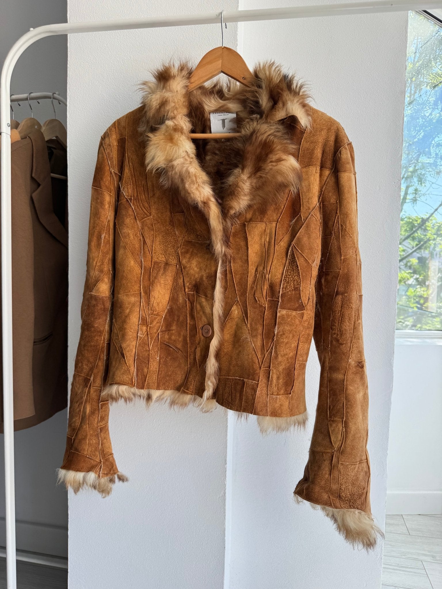 🤎 Geacă Y2K Damă Suede Patchwork Maro cu Blană Naturală – M/L (IT 44) – Made in Italy - anbracaminte