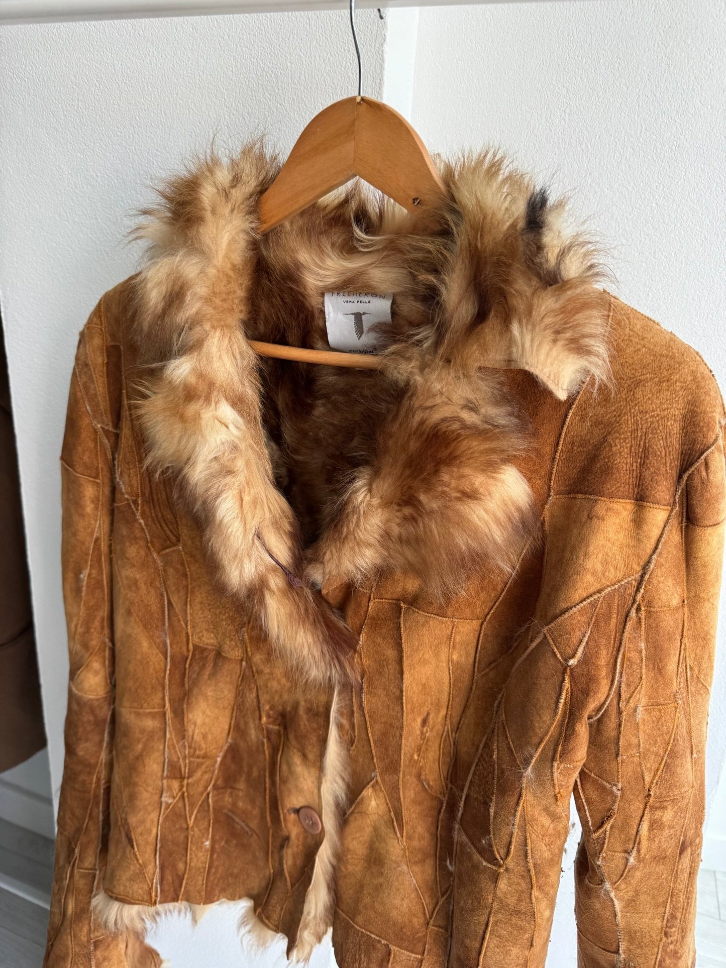🤎 Geacă Y2K Damă Suede Patchwork Maro cu Blană Naturală – M/L (IT 44) – Made in Italy - anbracaminte