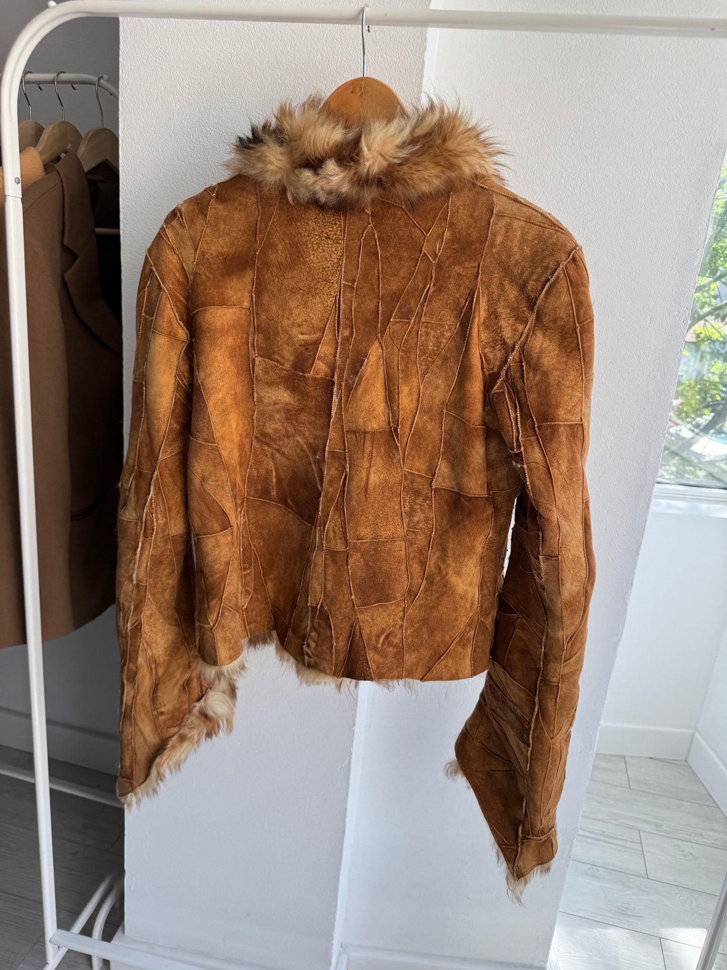 🤎 Geacă Y2K Damă Suede Patchwork Maro cu Blană Naturală – M/L (IT 44) – Made in Italy - anbracaminte