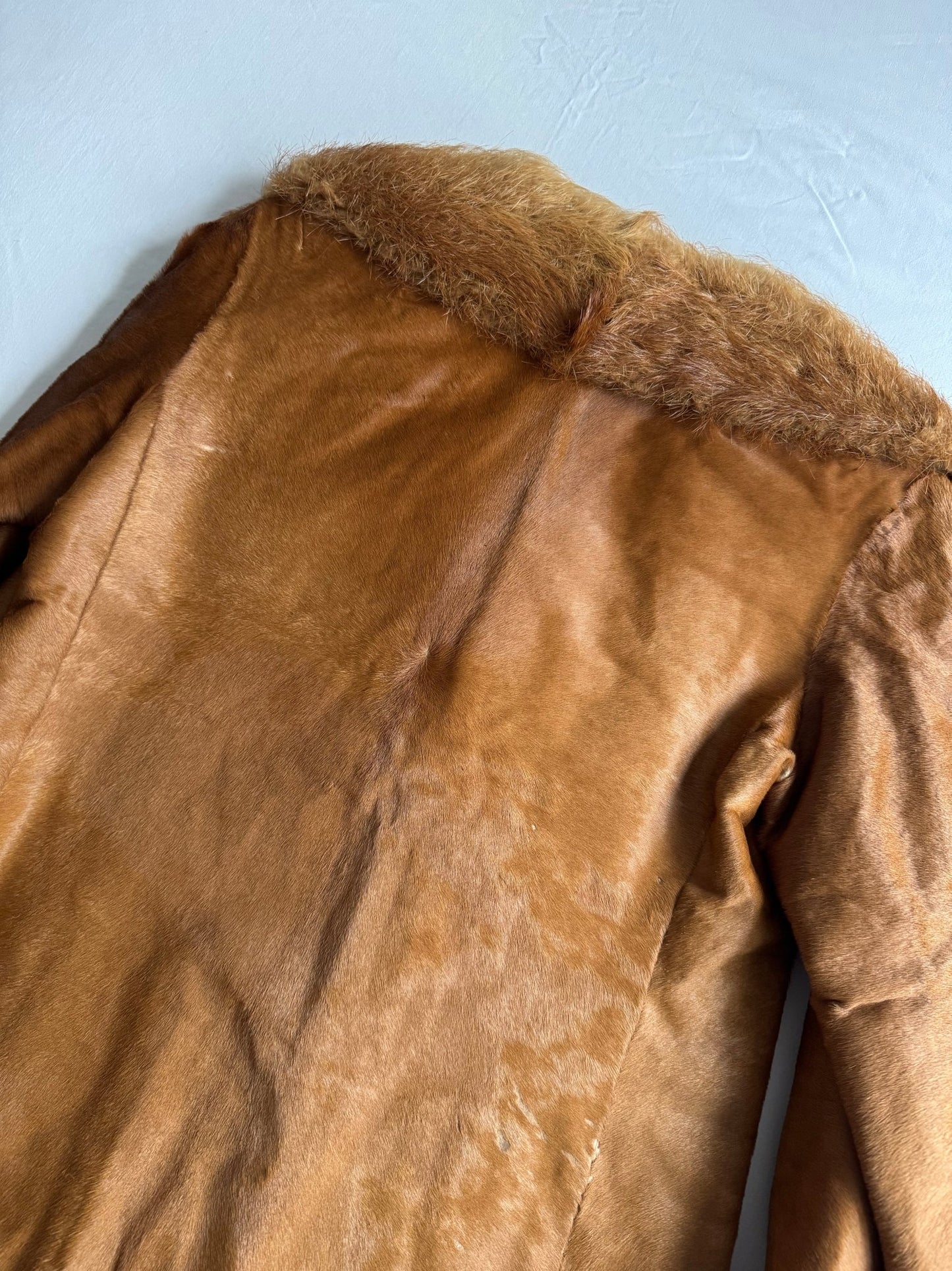 🧥 Haină vintage tip Pea Coat din piele cu păr natural de vacă și blană de vulpe (Mărime aproximativă - M Femei) - anbracaminte