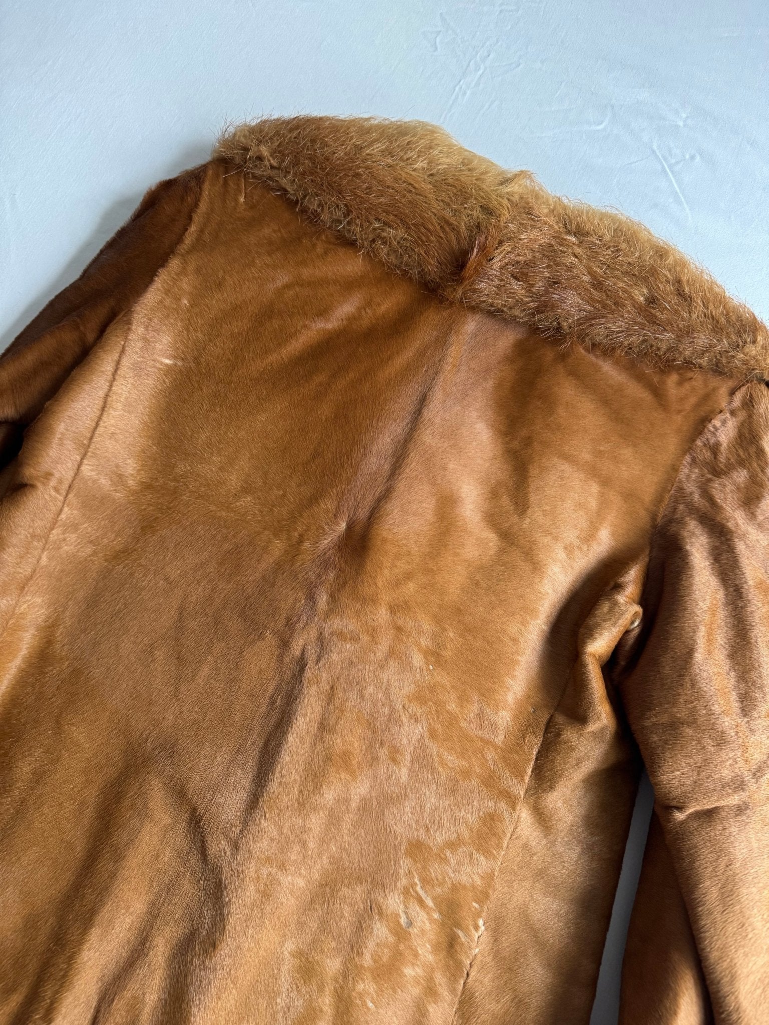 🧥 Haină vintage tip Pea Coat din piele cu păr natural de vacă și blană de vulpe (Mărime aproximativă - M Femei) - anbracaminte