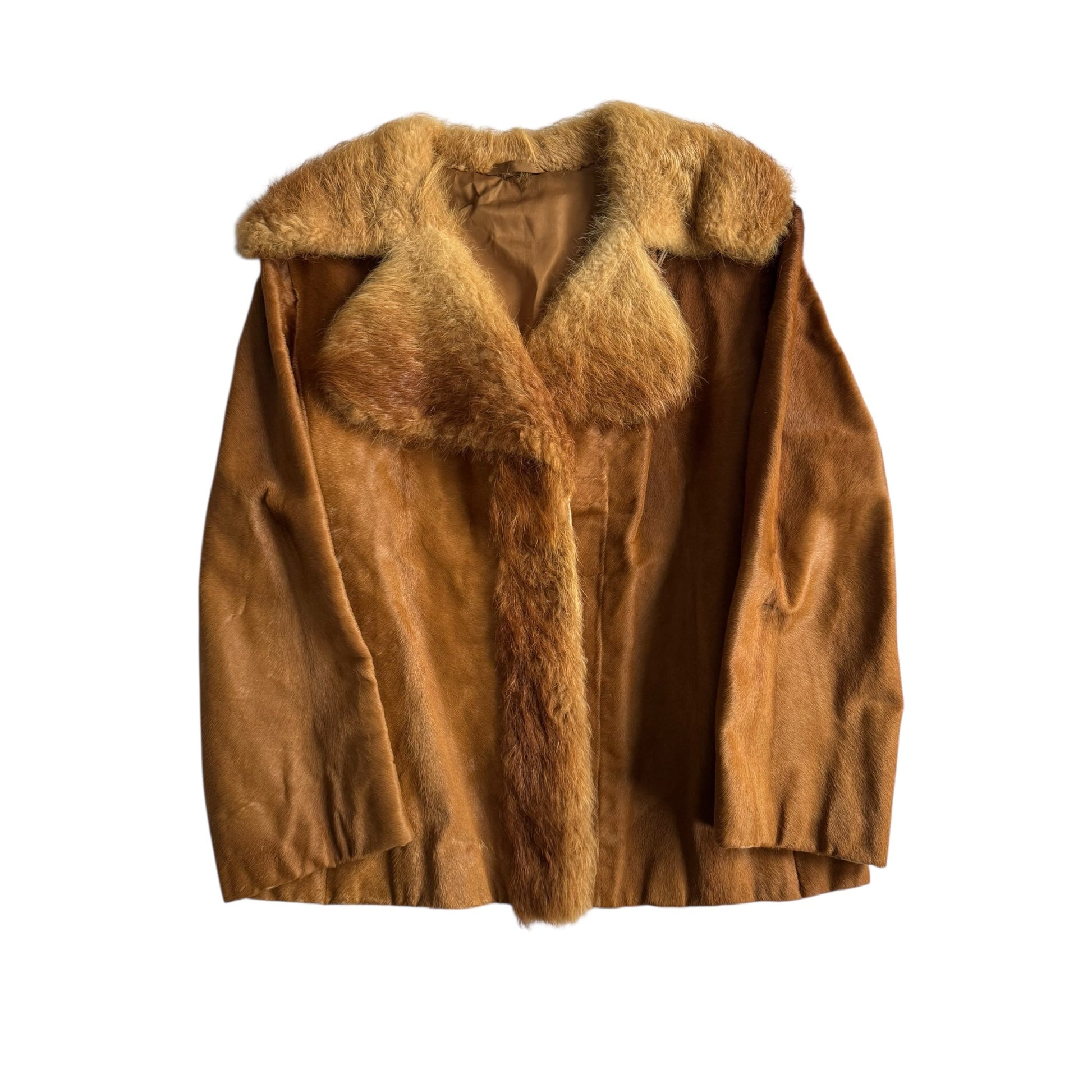 🧥 Haină vintage tip Pea Coat din piele cu păr natural de vacă și blană de vulpe (Mărime aproximativă - M Femei) - anbracaminte