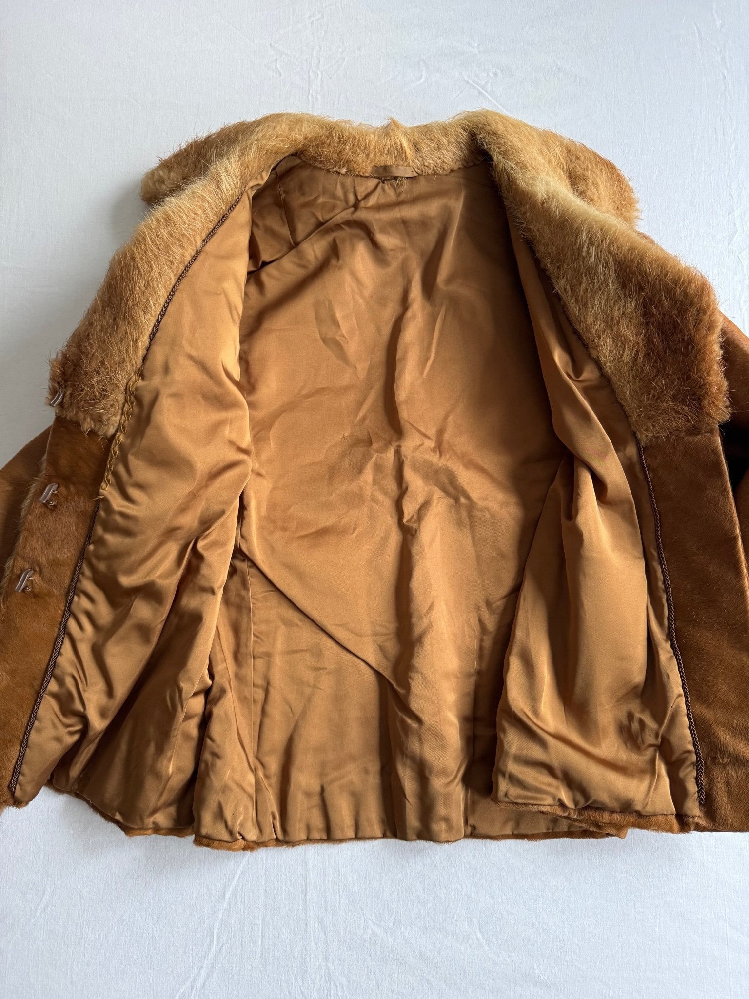 🧥 Haină vintage tip Pea Coat din piele cu păr natural de vacă și blană de vulpe (Mărime aproximativă - M Femei) - anbracaminte