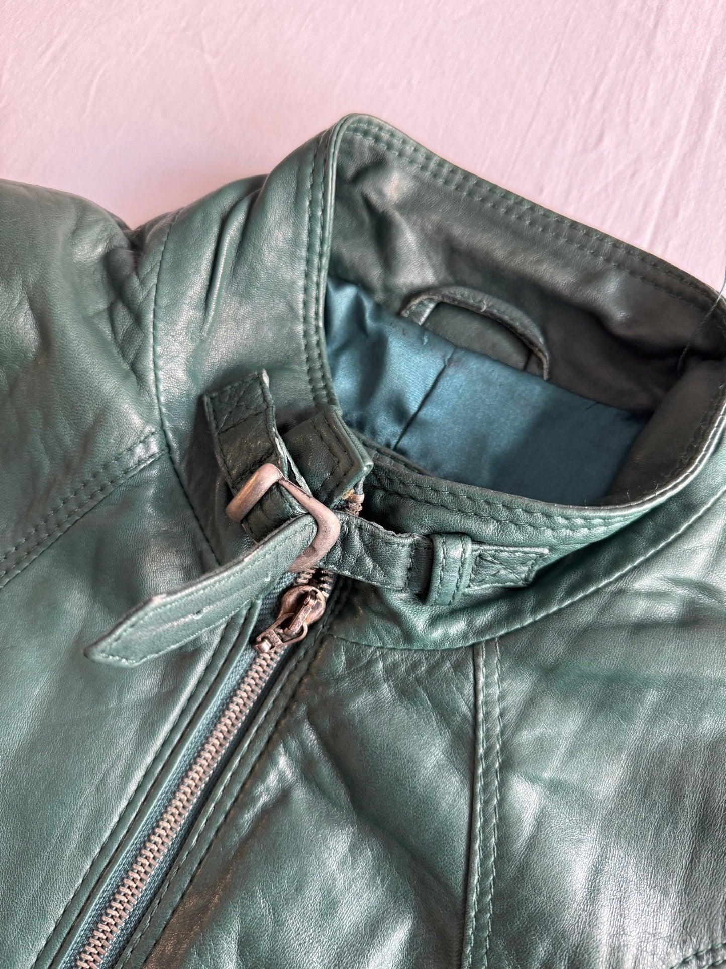 🏍️ Jachetă Biker Y2K din Piele de Miel Verde – EU 38 (M Damă) - anbracaminte